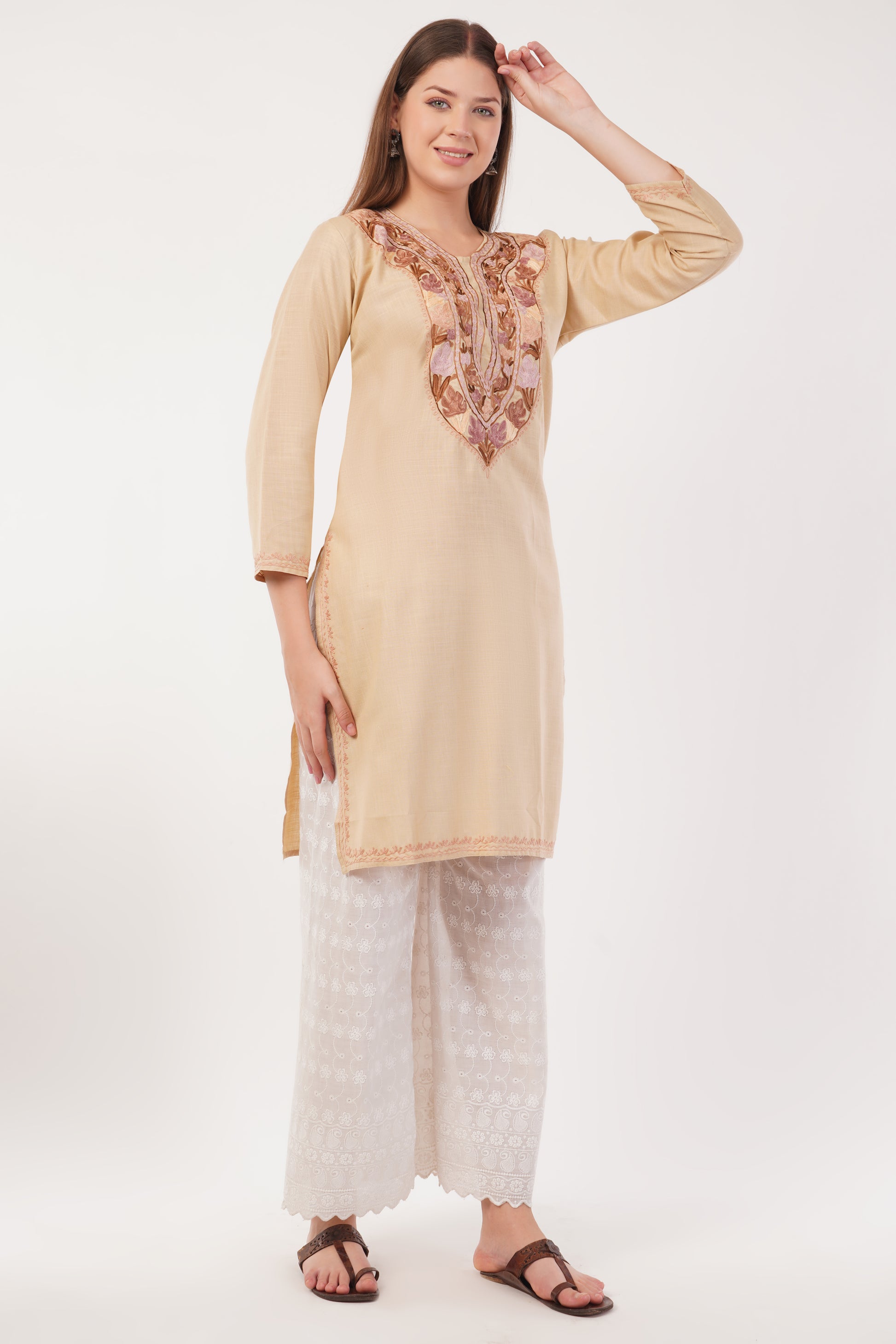 Kashmiri Aari embroidery Cotton Long Kurti Size-42 (Beige)