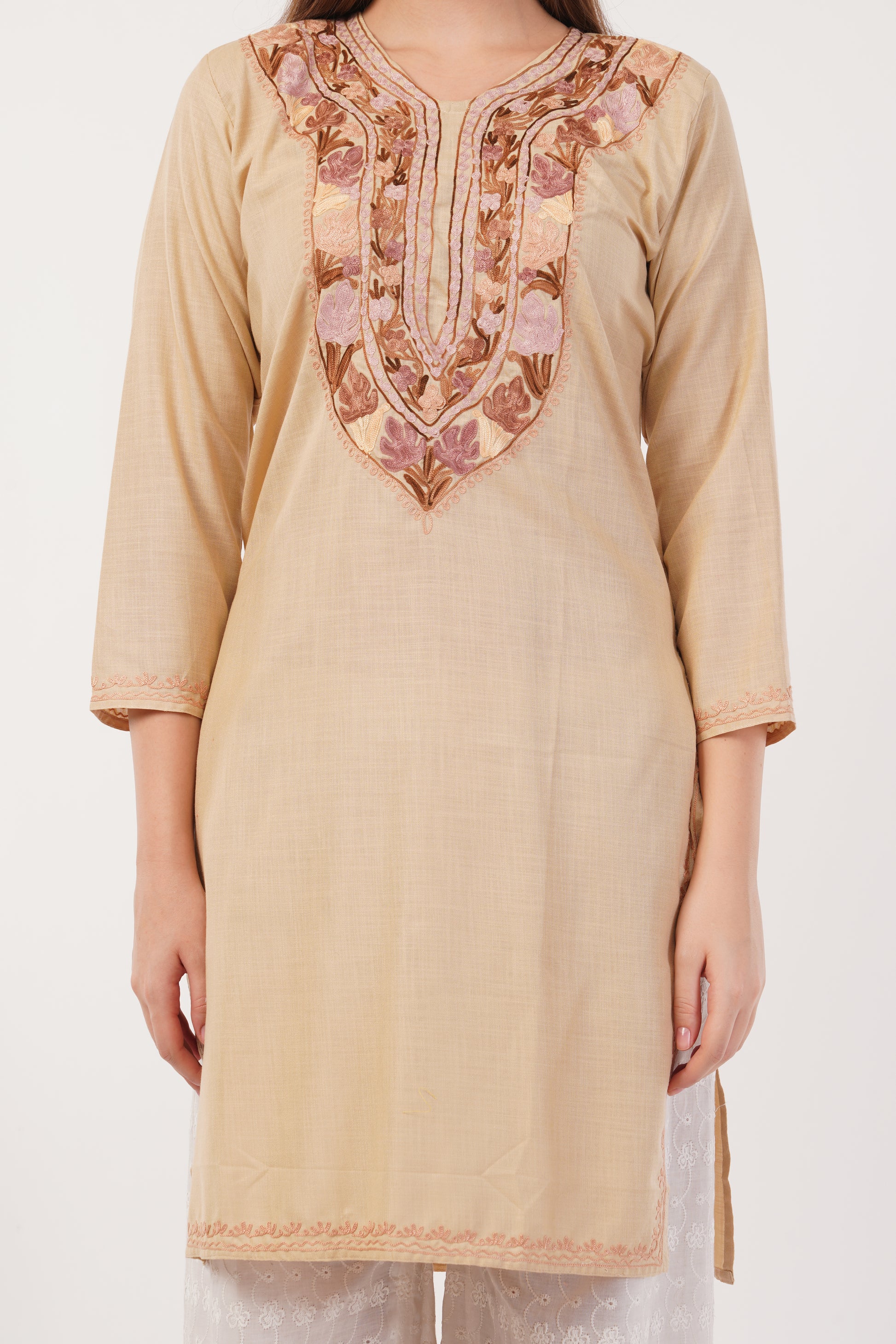 Kashmiri Aari embroidery Cotton Long Kurti Size-42 (Beige)