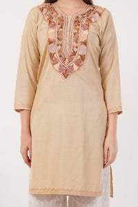 Kashmiri Aari embroidery Cotton Long Kurti Size-42 (Beige)