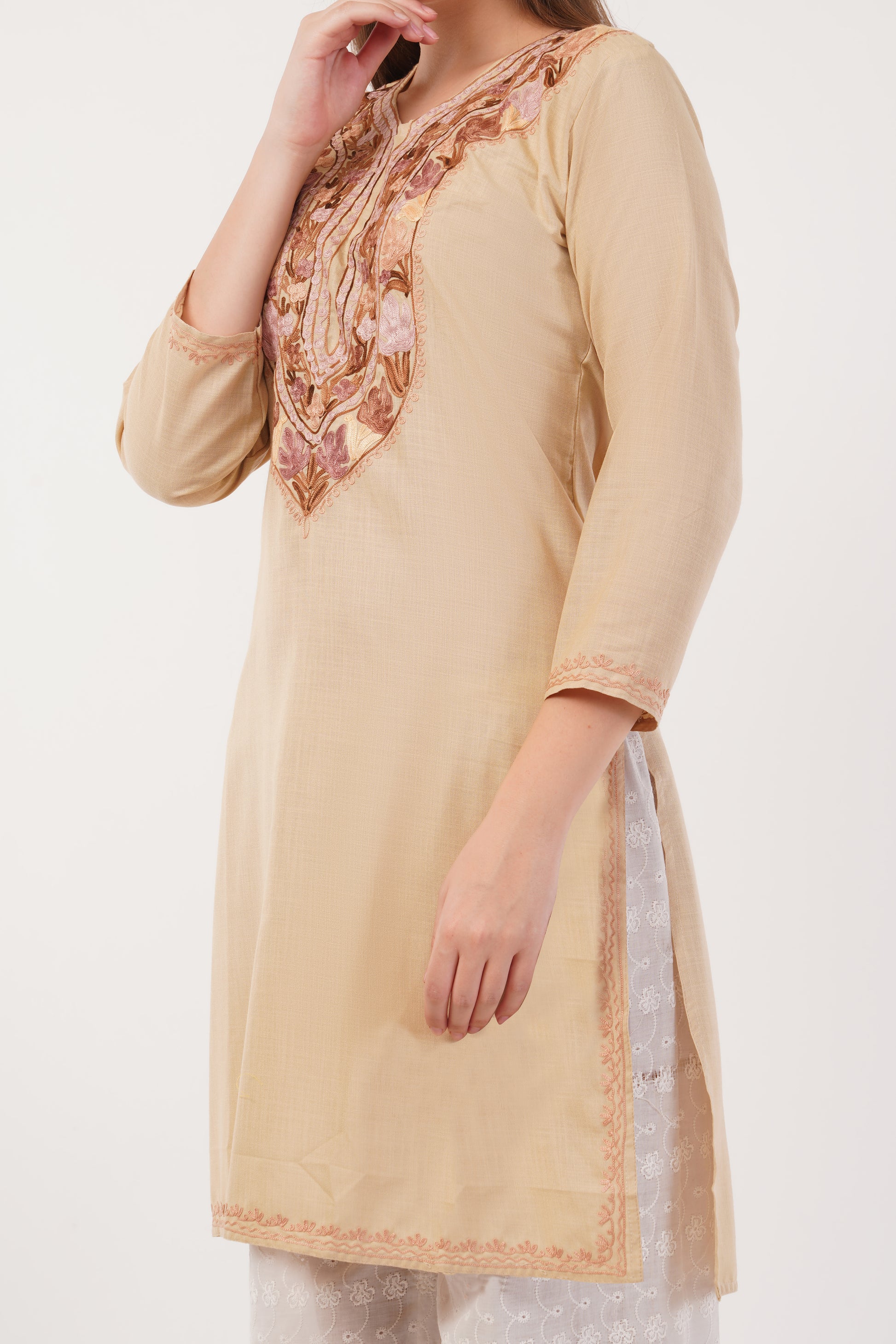 Kashmiri Aari embroidery Cotton Long Kurti Size-42 (Beige)