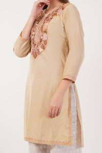 Kashmiri Aari embroidery Cotton Long Kurti Size-42 (Beige)