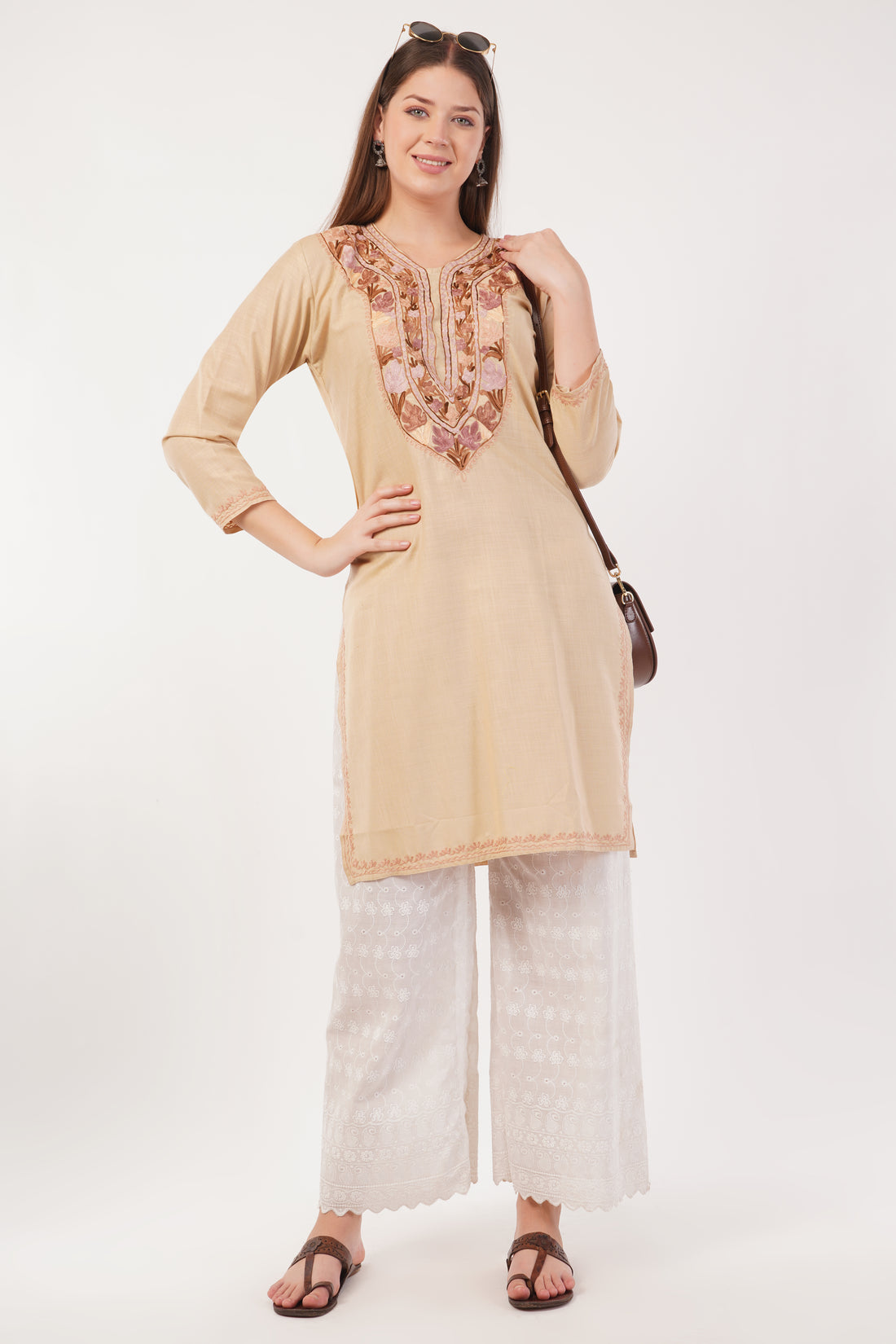 Kashmiri Aari embroidery Cotton Long Kurti Size-42 (Beige)