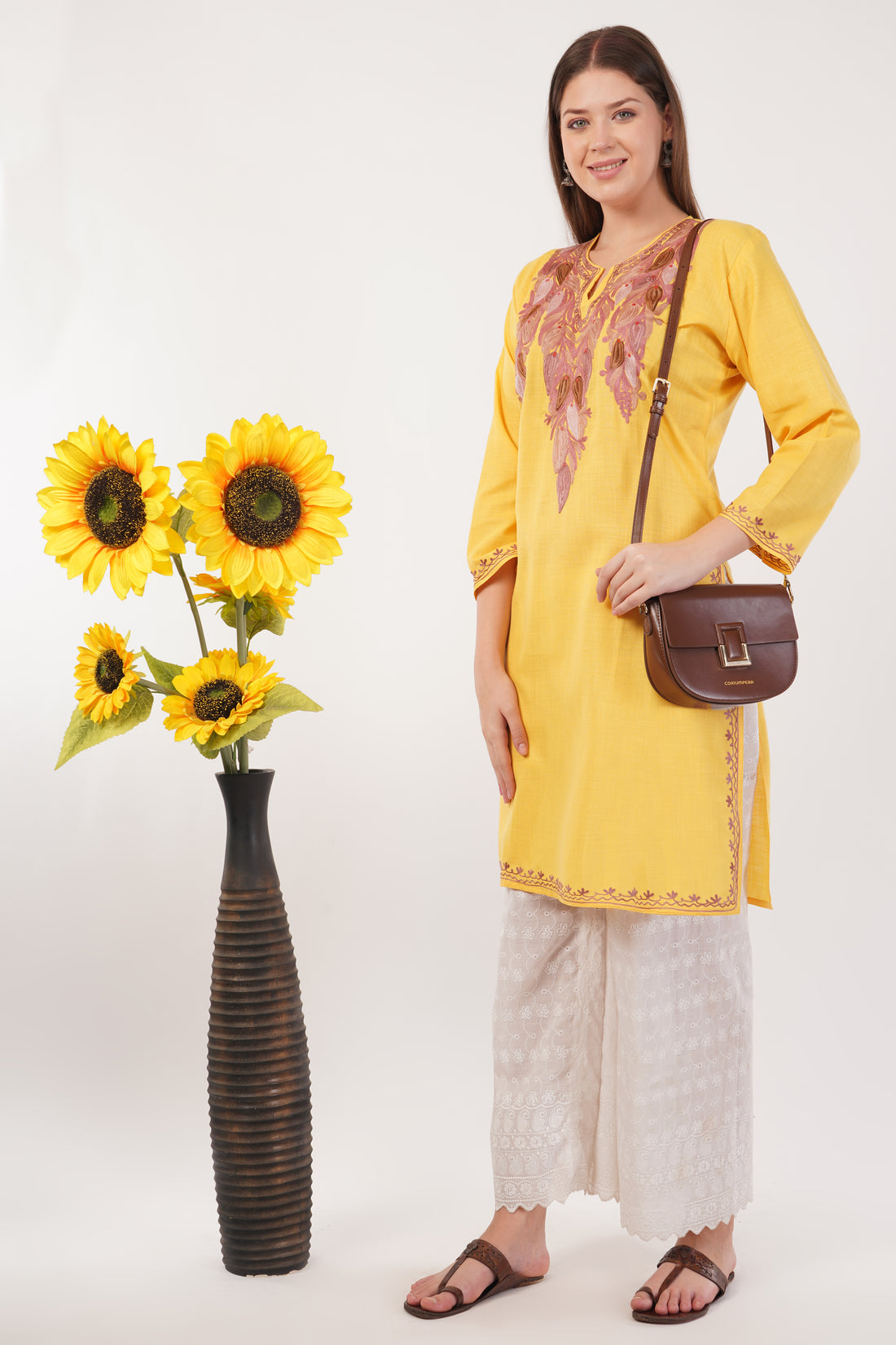 Kashmiri Aari embroidery Cotton Long Kurti Size-42 (Yellow)