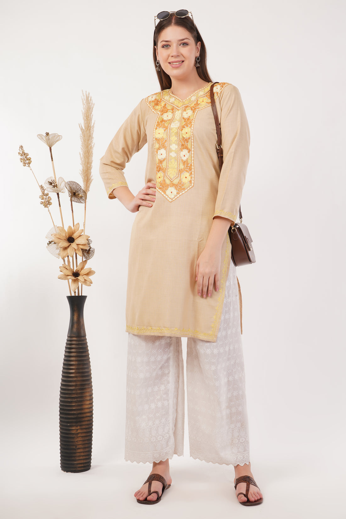 Kashmiri Aari embroidery Cotton Long Kurti Size-40(Beige)