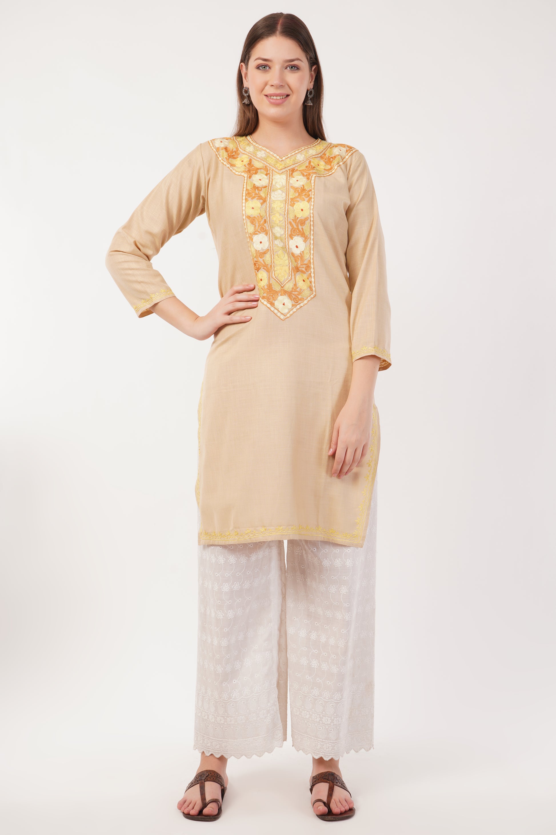 Kashmiri Aari embroidery Cotton Long Kurti Size-40(Beige)