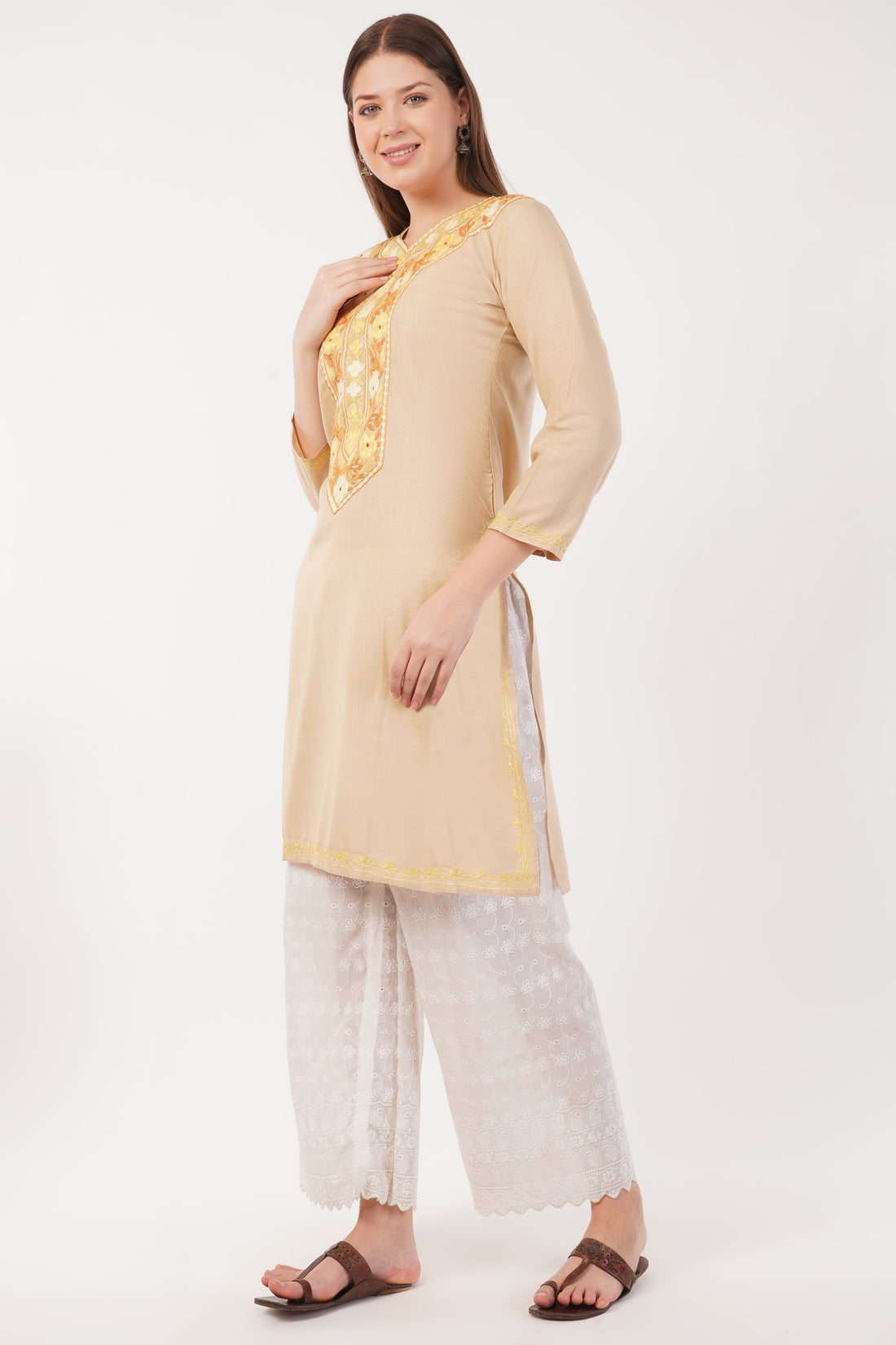 Kashmiri Aari embroidery Cotton Long Kurti Size-40(Beige)