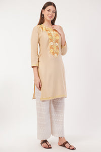 Kashmiri Aari embroidery Cotton Long Kurti Size-40(Beige)