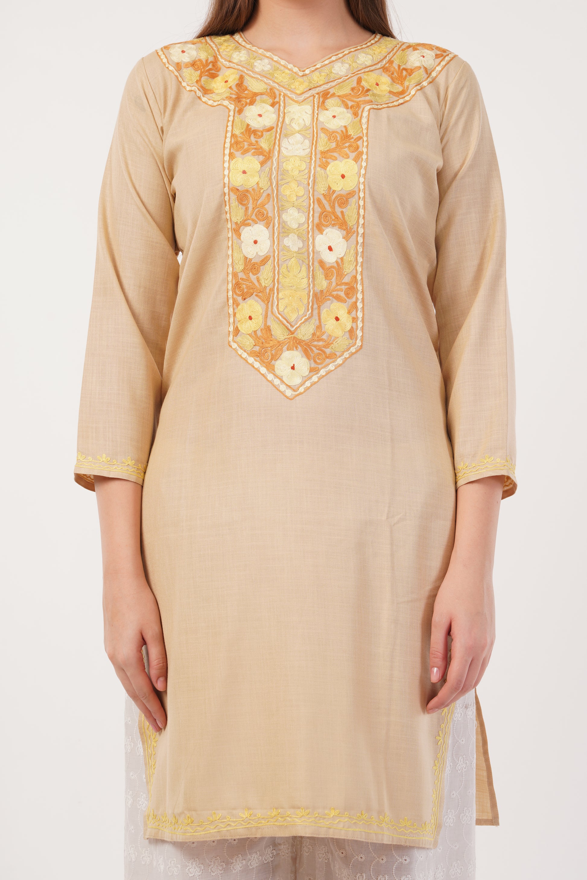 Kashmiri Aari embroidery Cotton Long Kurti Size-40(Beige)