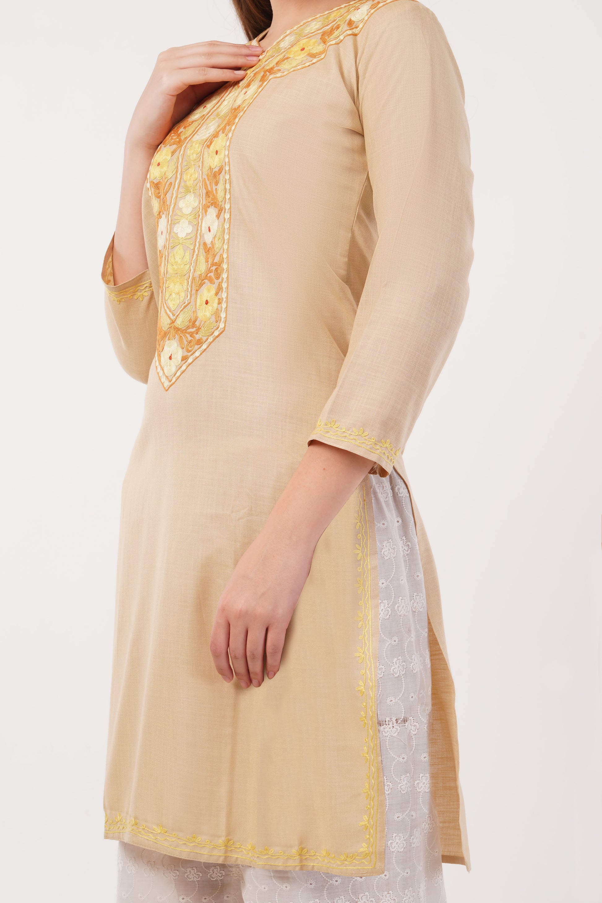 Kashmiri Aari embroidery Cotton Long Kurti Size-40(Beige)