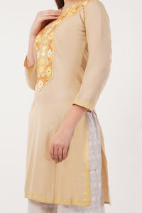 Kashmiri Aari embroidery Cotton Long Kurti Size-40(Beige)