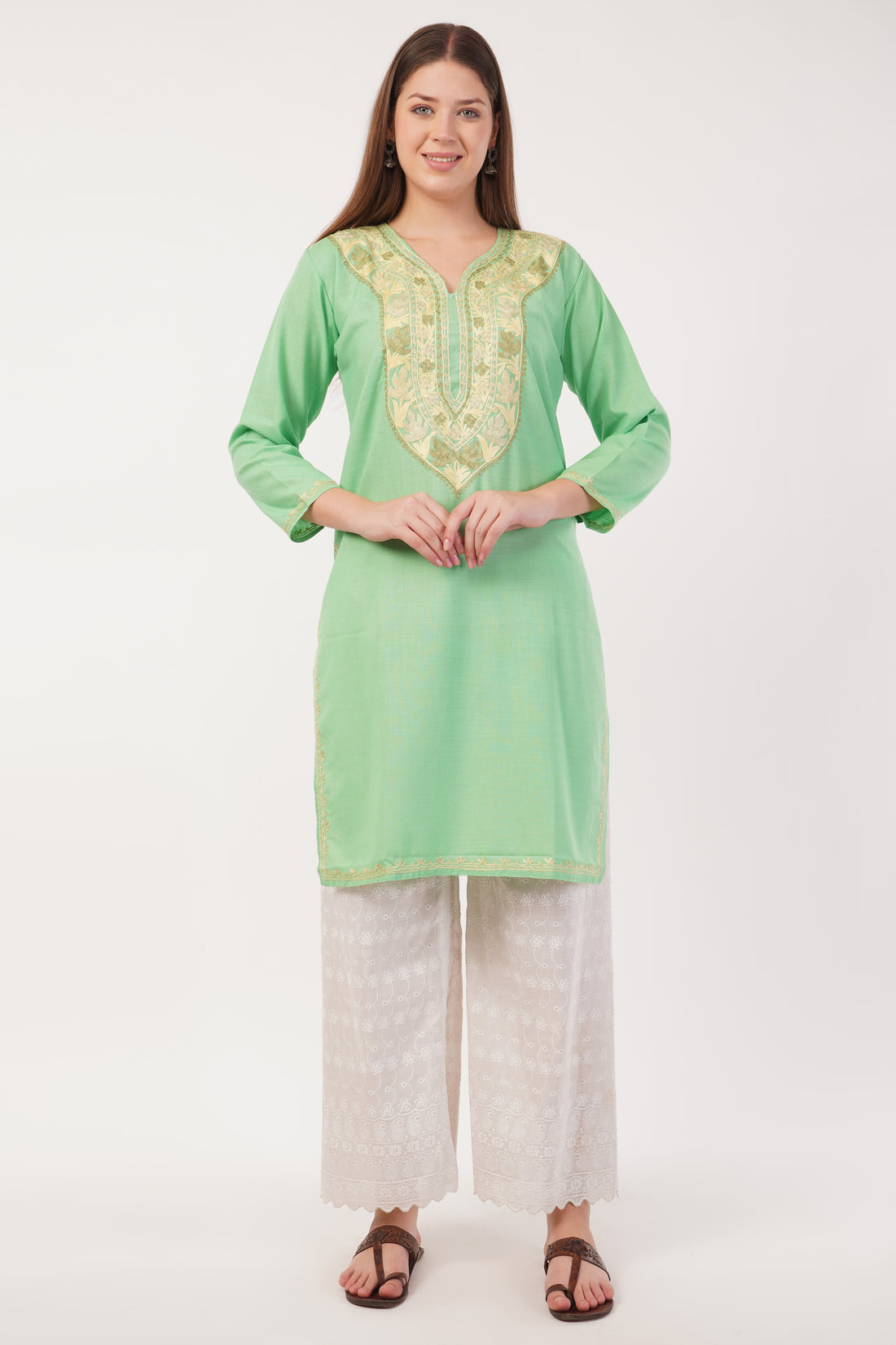 Kashmiri Aari embroidery Cotton Long Kurti Size-42 (Green)