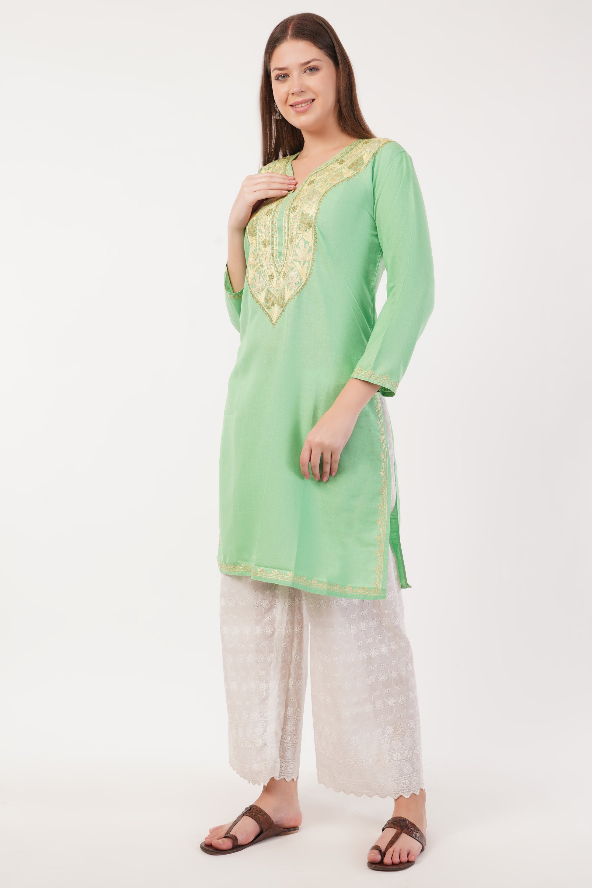 Kashmiri Aari embroidery Cotton Long Kurti Size-42 (Green)