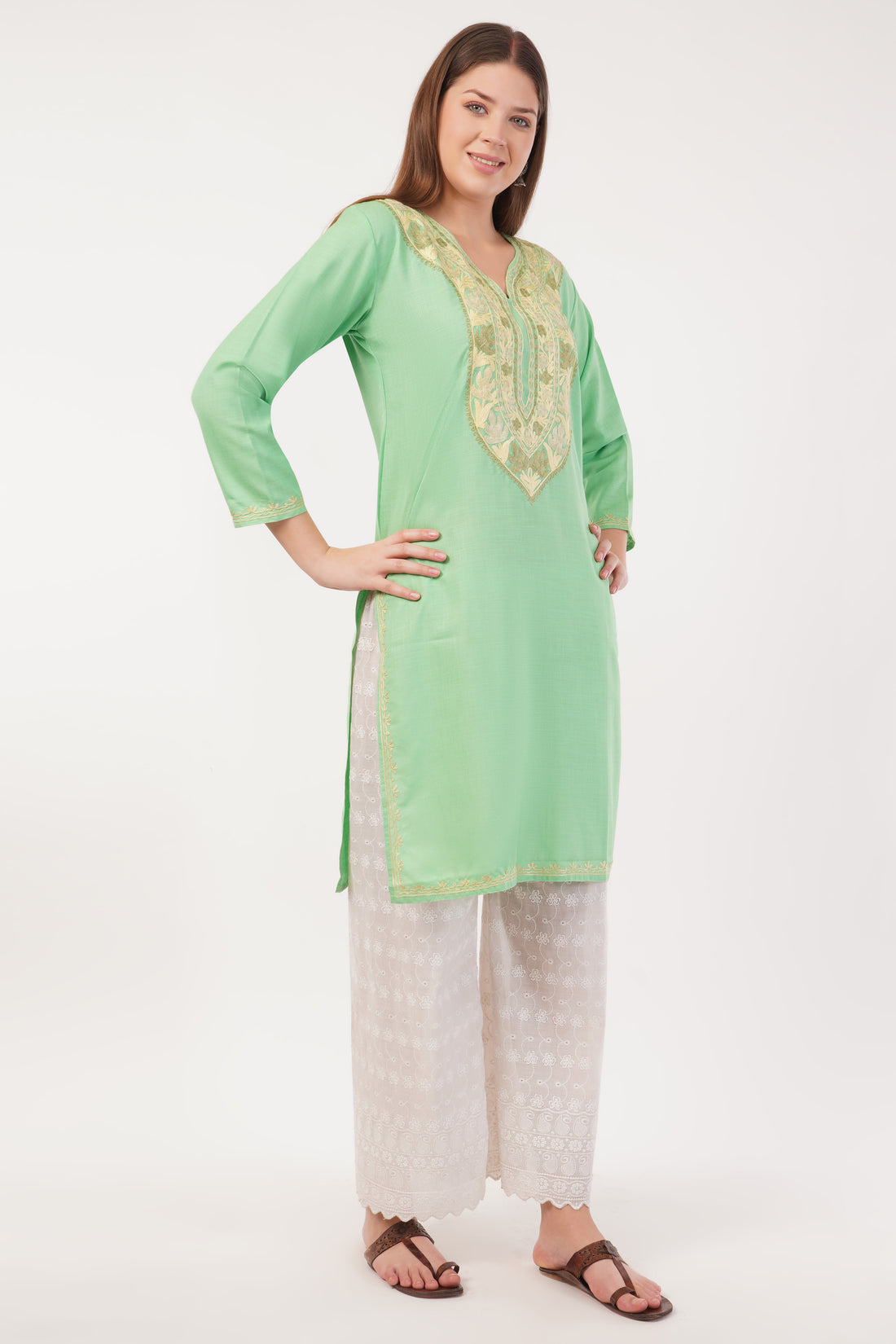 Kashmiri Aari embroidery Cotton Long Kurti Size-42 (Green)