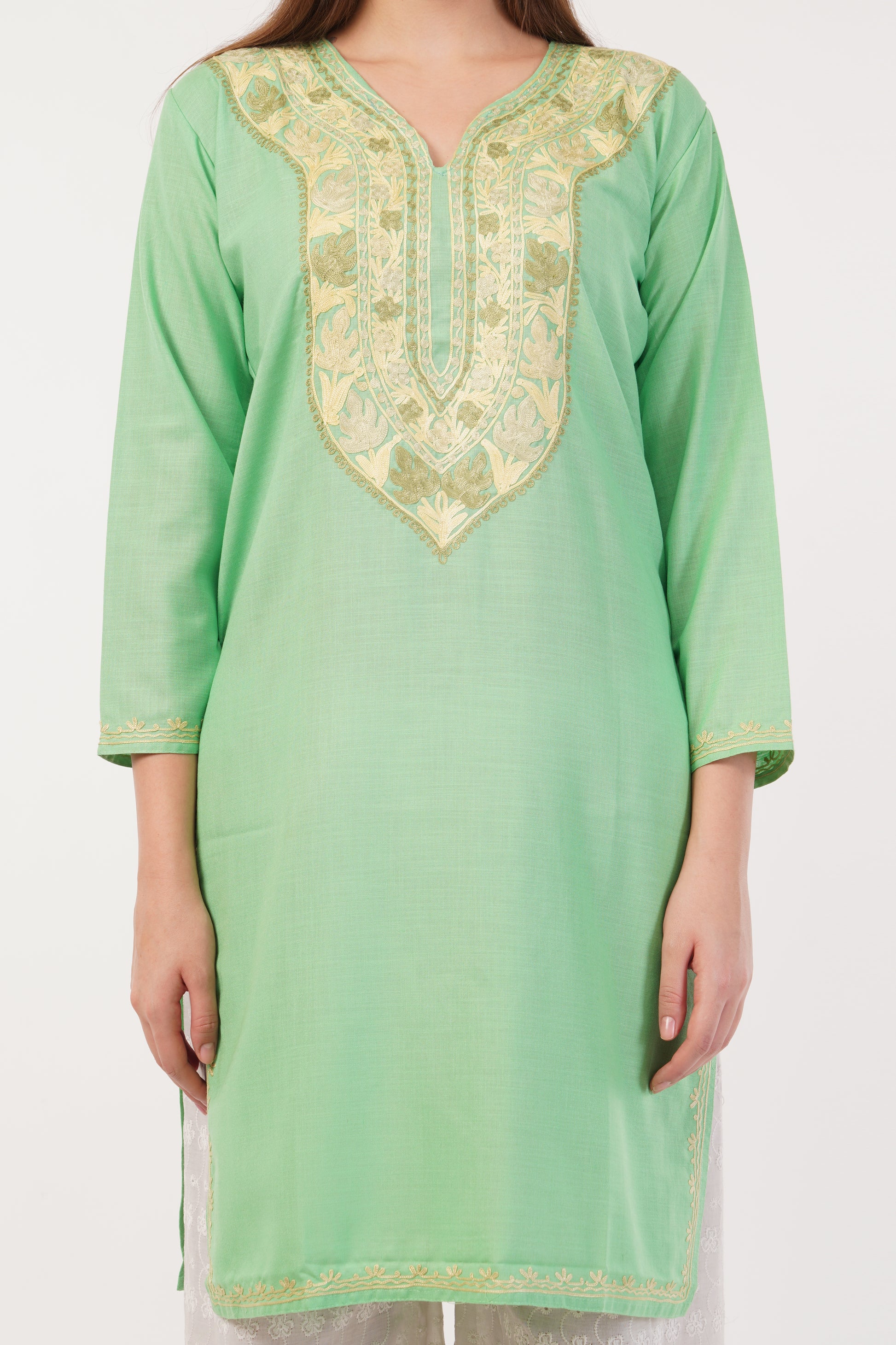 Kashmiri Aari embroidery Cotton Long Kurti Size-42 (Green)