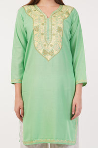 Kashmiri Aari embroidery Cotton Long Kurti Size-42 (Green)
