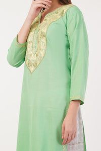 Kashmiri Aari embroidery Cotton Long Kurti Size-42 (Green)