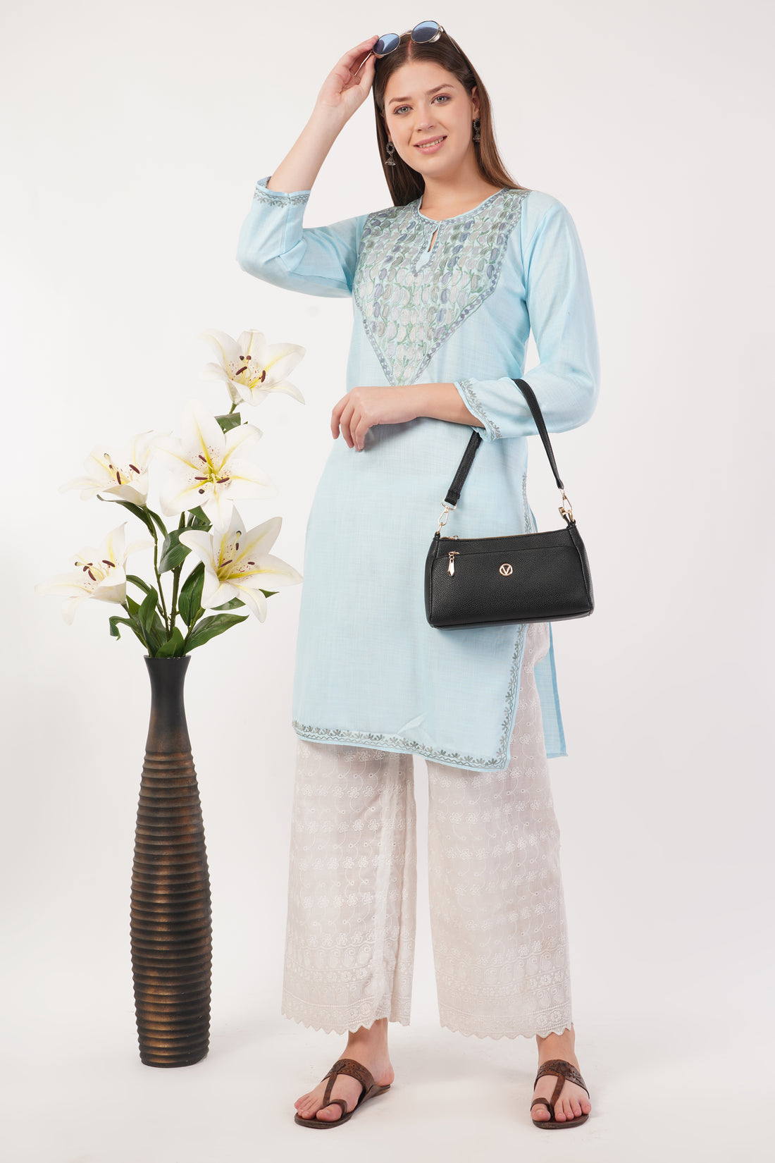 Kashmiri Aari embroidery Cotton Long Kurti Size-40(Sky Blue)
