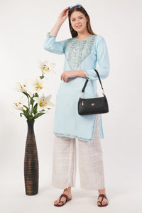 Kashmiri Aari embroidery Cotton Long Kurti Size-40(Sky Blue)