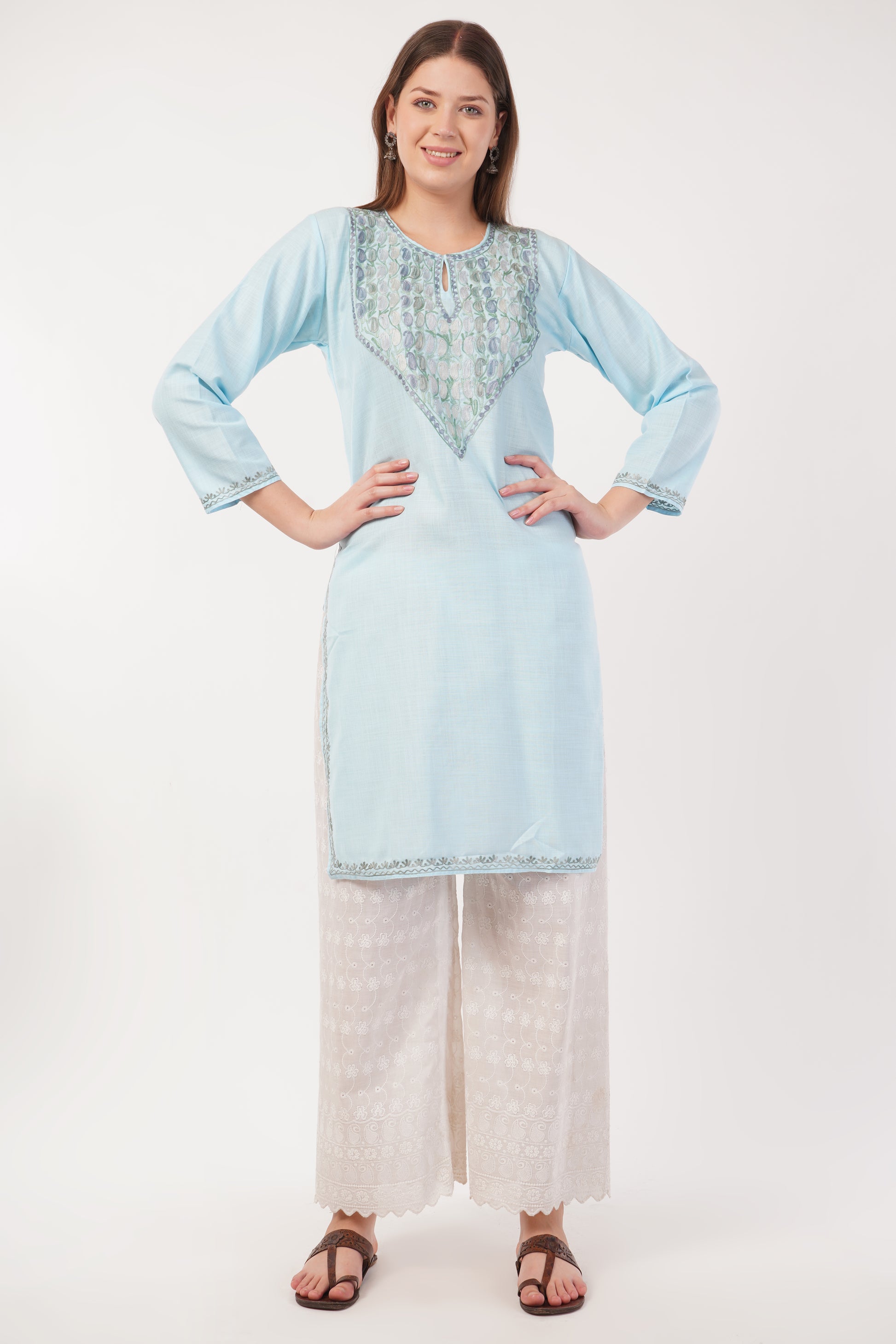 Kashmiri Aari embroidery Cotton Long Kurti Size-40(Sky Blue)