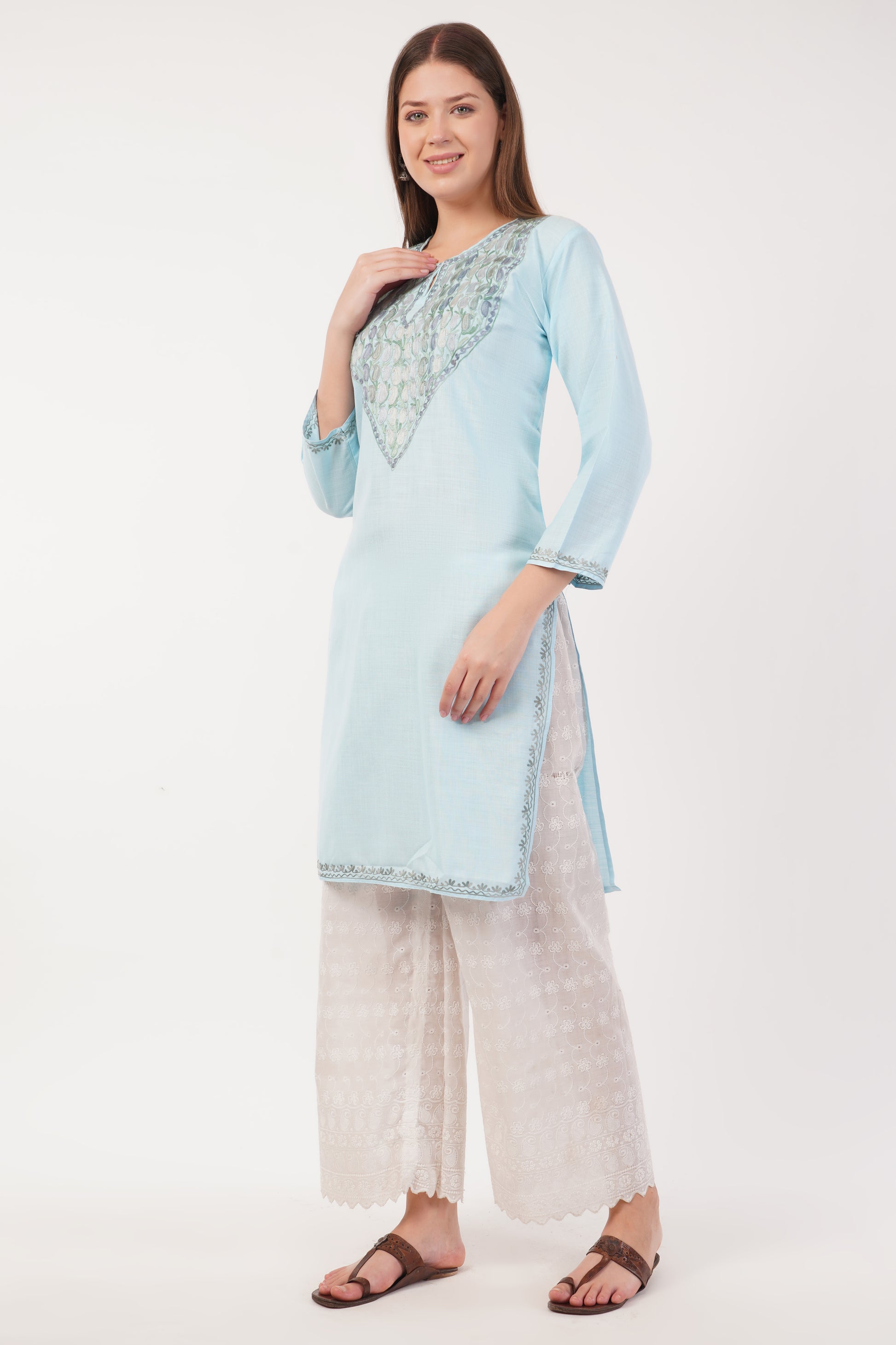 Kashmiri Aari embroidery Cotton Long Kurti Size-40(Sky Blue)