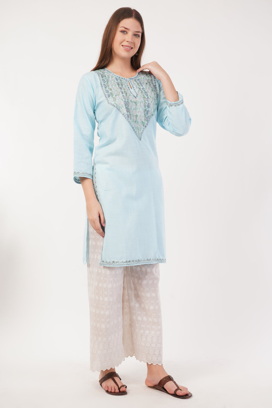 Kashmiri Aari embroidery Cotton Long Kurti Size-40(Sky Blue)