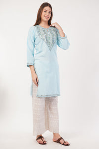 Kashmiri Aari embroidery Cotton Long Kurti Size-40(Sky Blue)