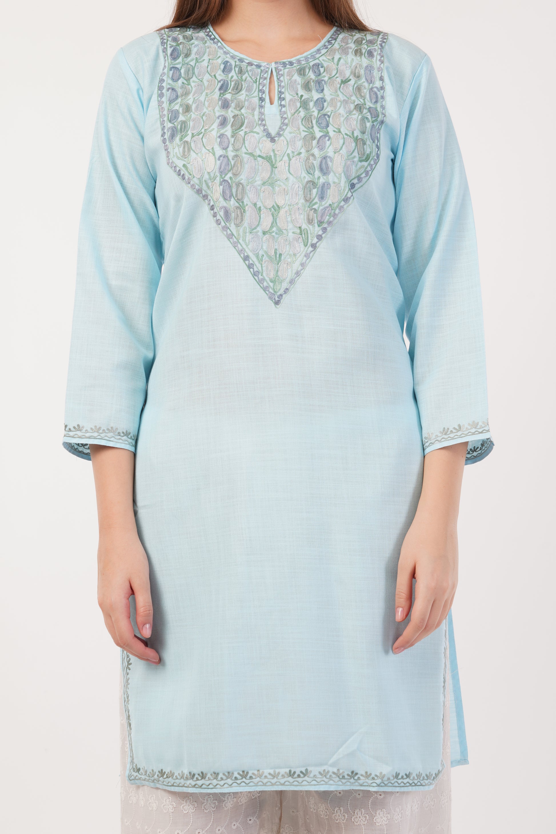 Kashmiri Aari embroidery Cotton Long Kurti Size-40(Sky Blue)