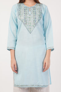 Kashmiri Aari embroidery Cotton Long Kurti Size-40(Sky Blue)