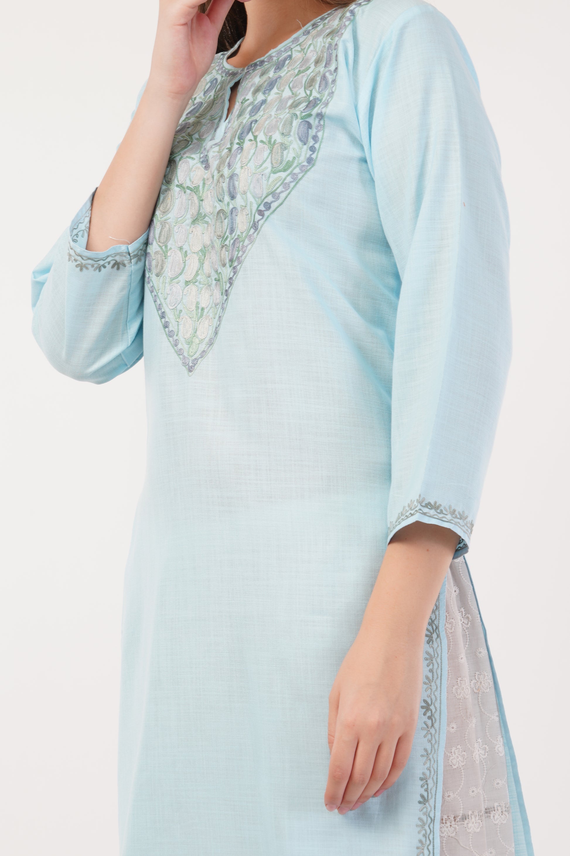 Kashmiri Aari embroidery Cotton Long Kurti Size-40(Sky Blue)