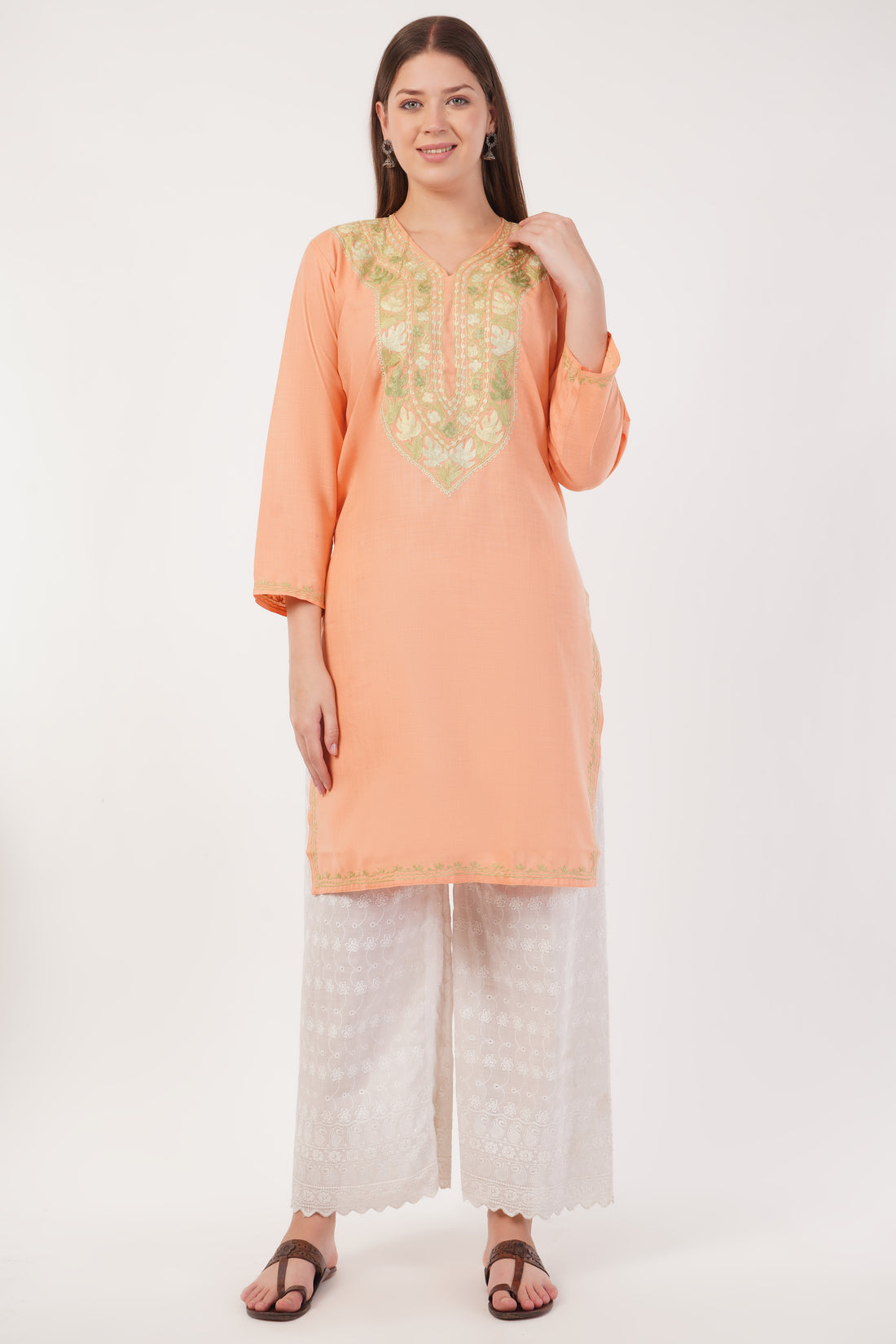 Kashmiri Aari embroidery Cotton Long Kurti Size-42 (Peach)