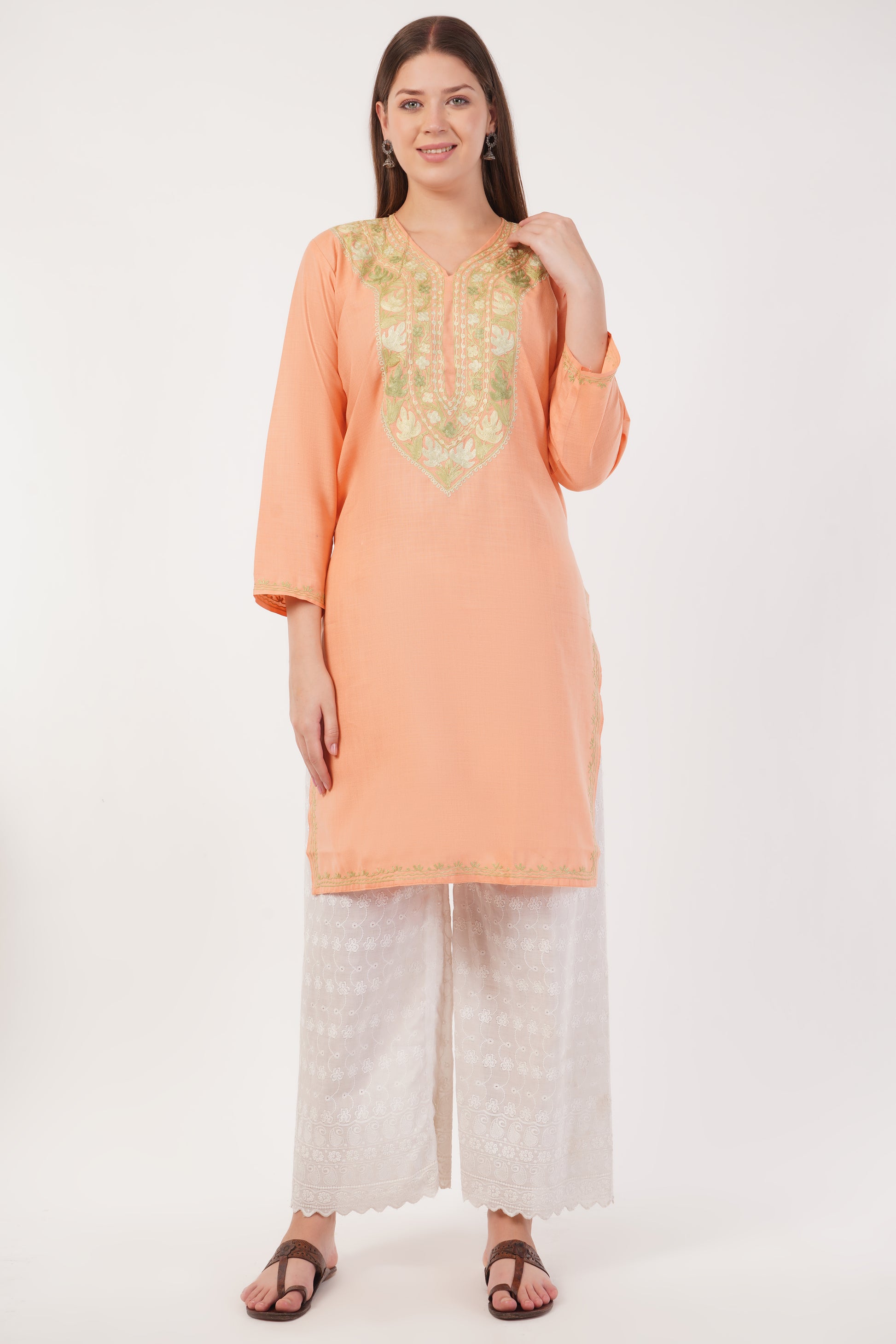 Kashmiri Aari embroidery Cotton Long Kurti Size-42 (Peach)