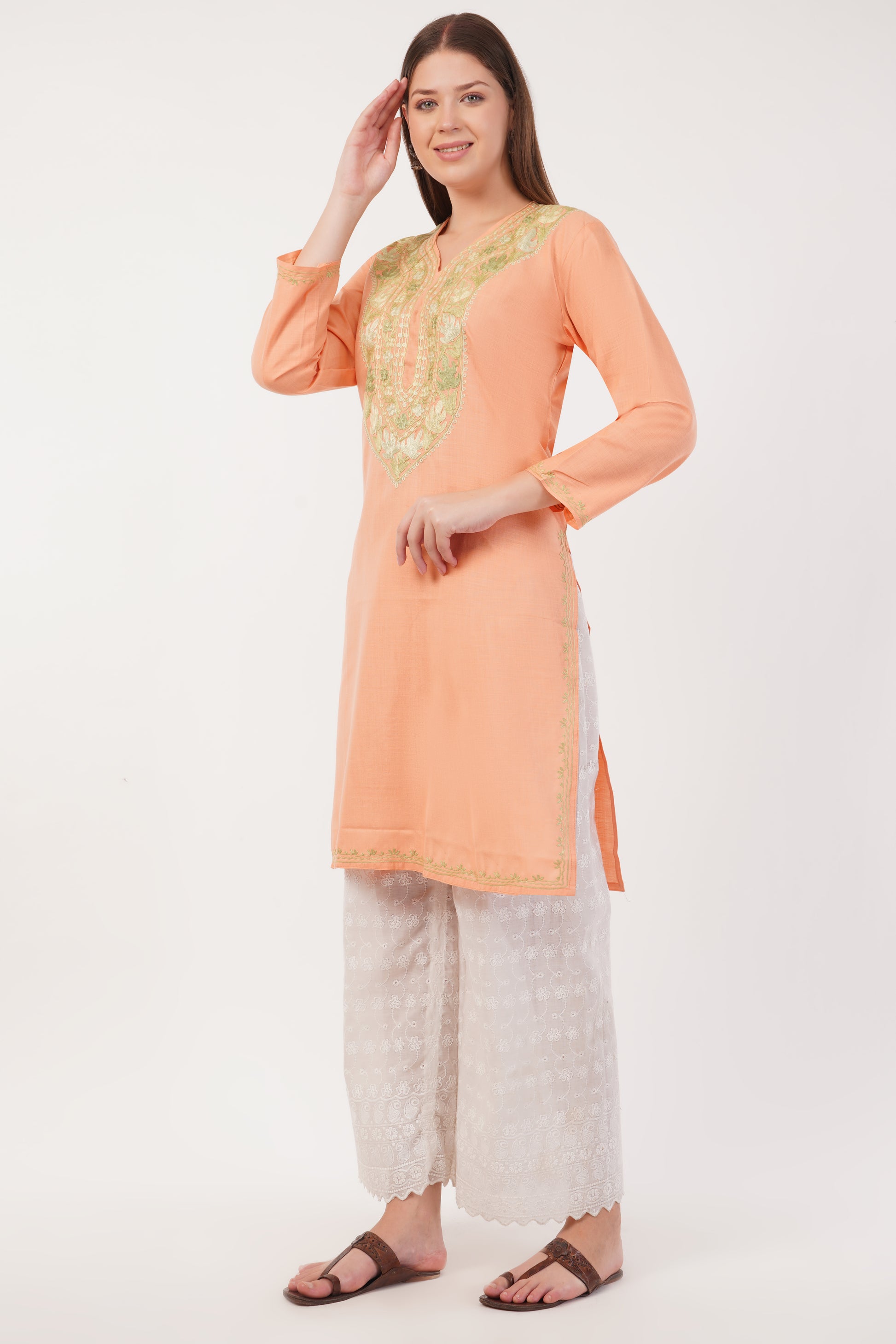 Kashmiri Aari embroidery Cotton Long Kurti Size-42 (Peach)