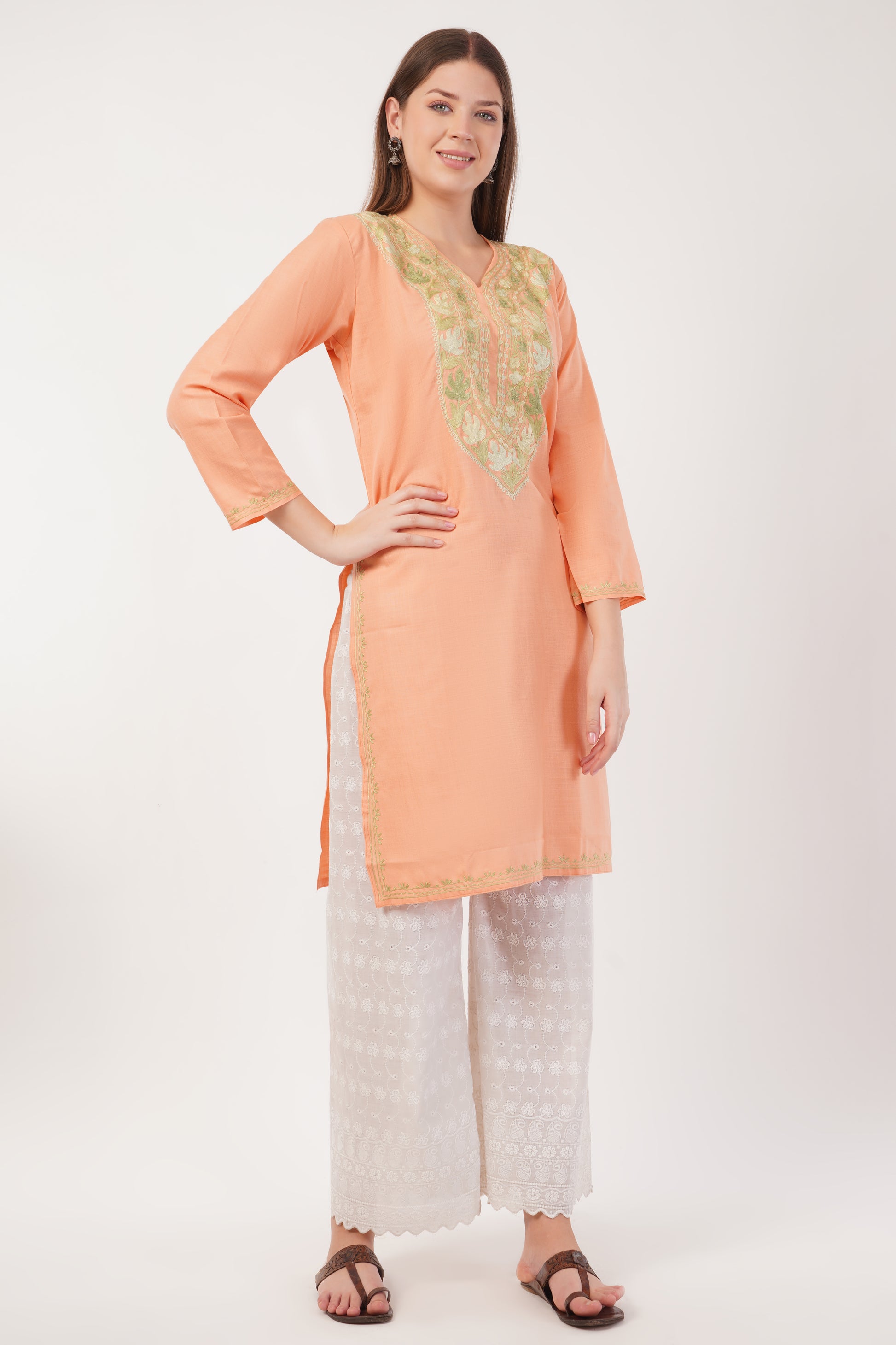 Kashmiri Aari embroidery Cotton Long Kurti Size-42 (Peach)