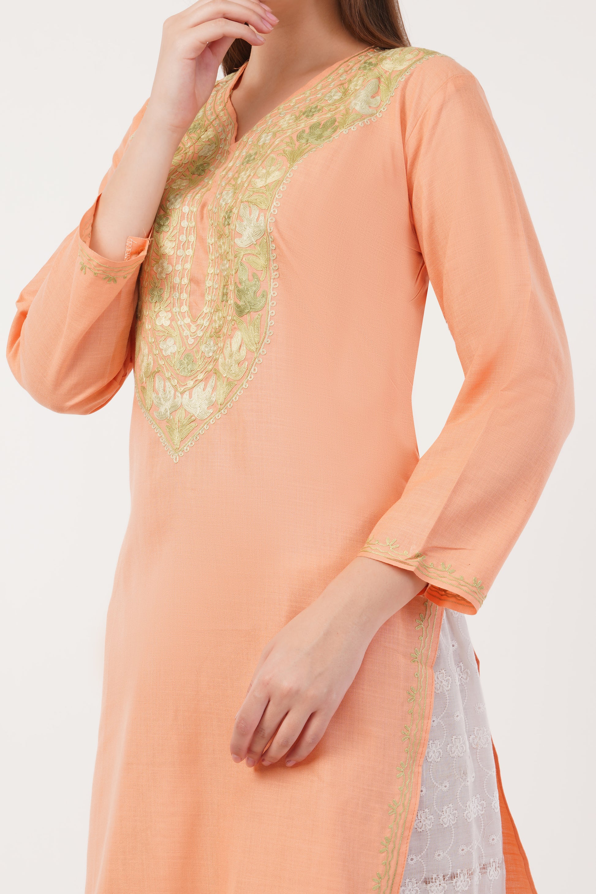 Kashmiri Aari embroidery Cotton Long Kurti Size-42 (Peach)