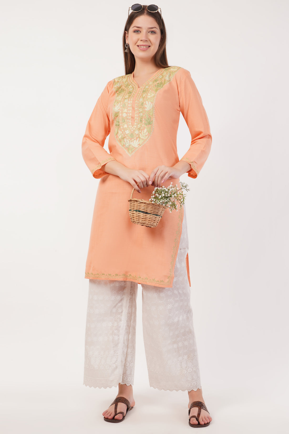 Kashmiri Aari embroidery Cotton Long Kurti Size-42 (Peach)