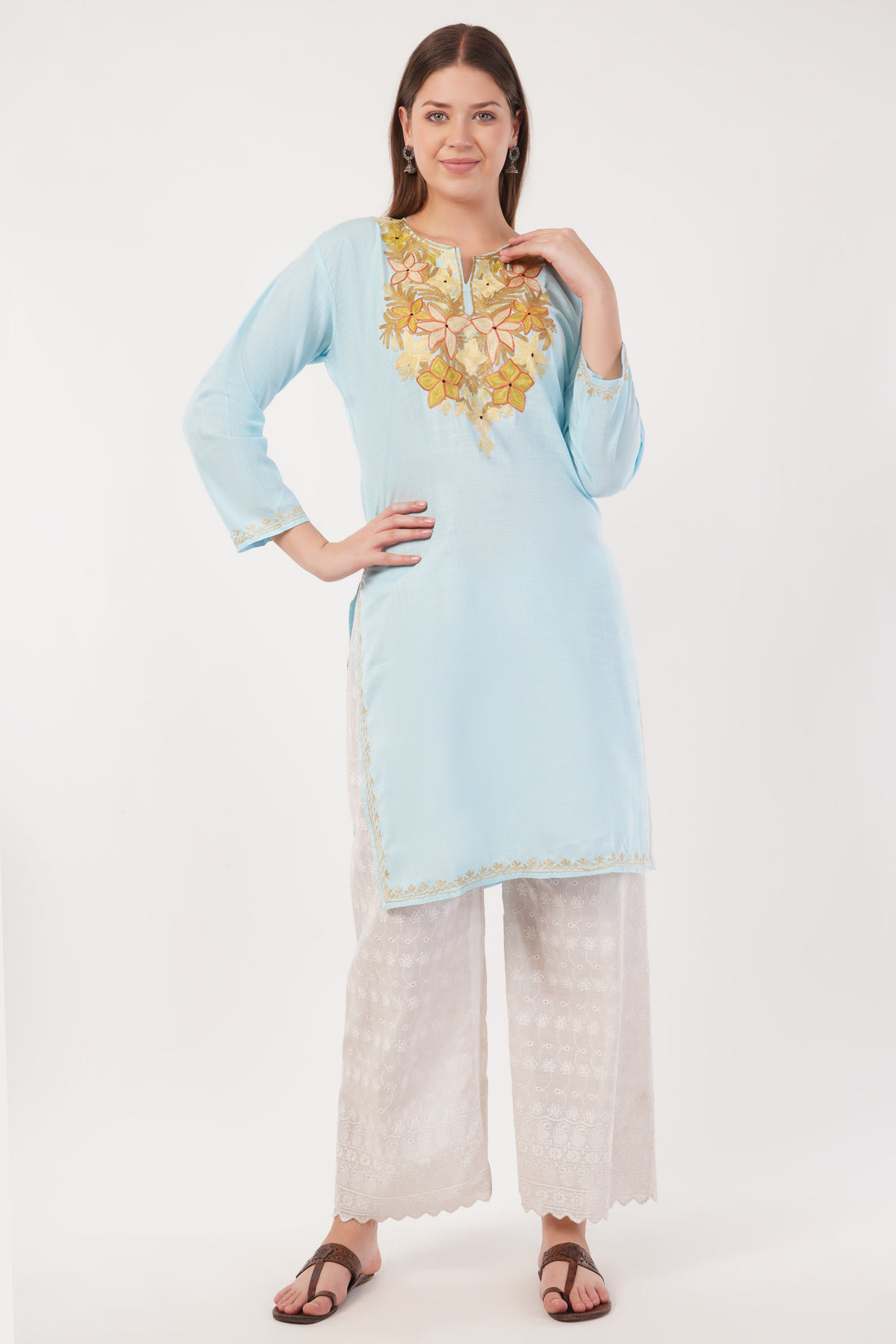 Kashmiri Aari embroidery Cotton Long Kurti Size-42 (Sky Blue)