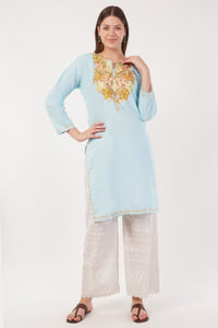 Kashmiri Aari embroidery Cotton Long Kurti Size-42 (Sky Blue)