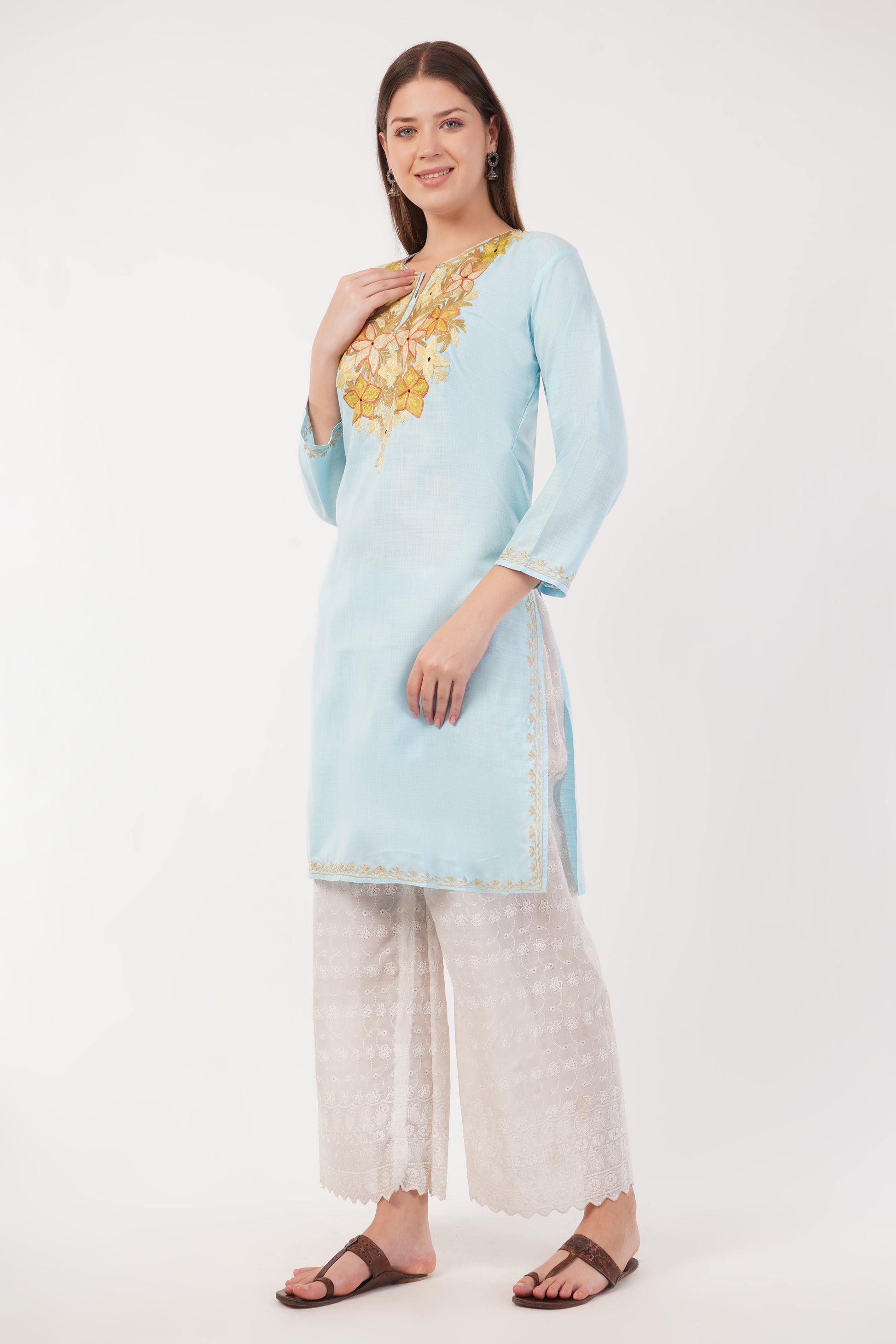 Kashmiri Aari embroidery Cotton Long Kurti Size-42 (Sky Blue)
