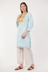 Kashmiri Aari embroidery Cotton Long Kurti Size-42 (Sky Blue)