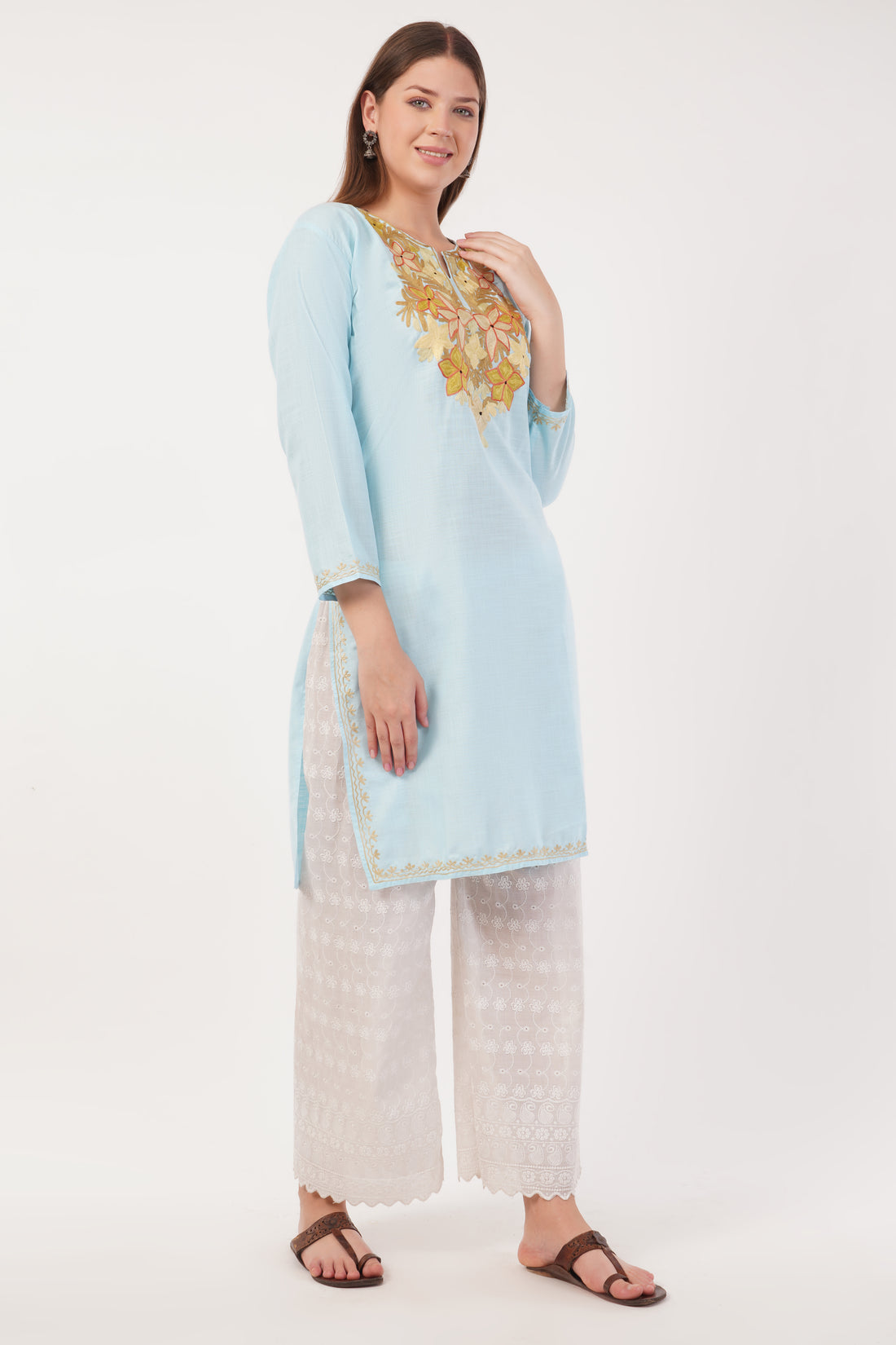 Kashmiri Aari embroidery Cotton Long Kurti Size-42 (Sky Blue)
