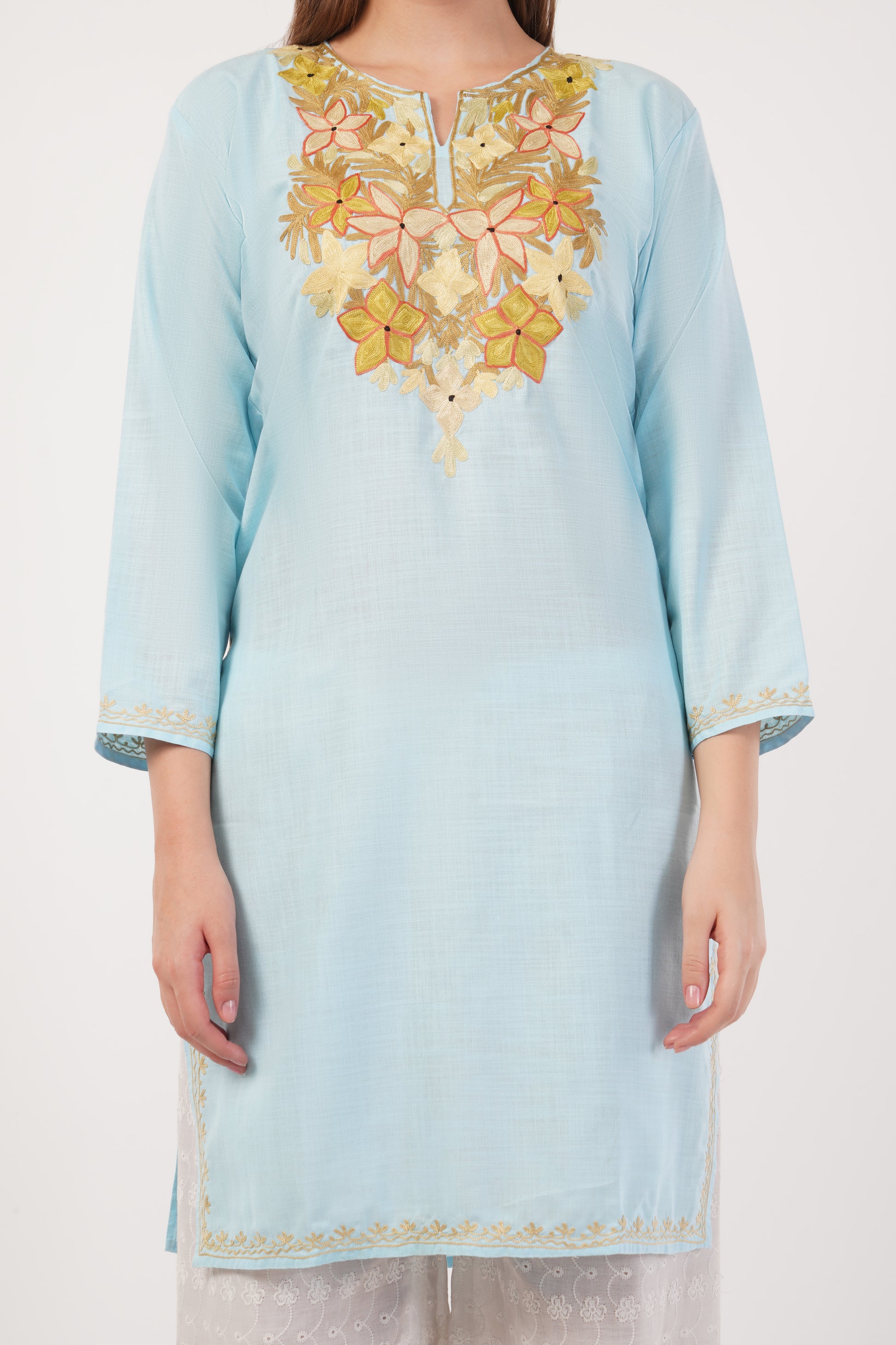 Kashmiri Aari embroidery Cotton Long Kurti Size-42 (Sky Blue)