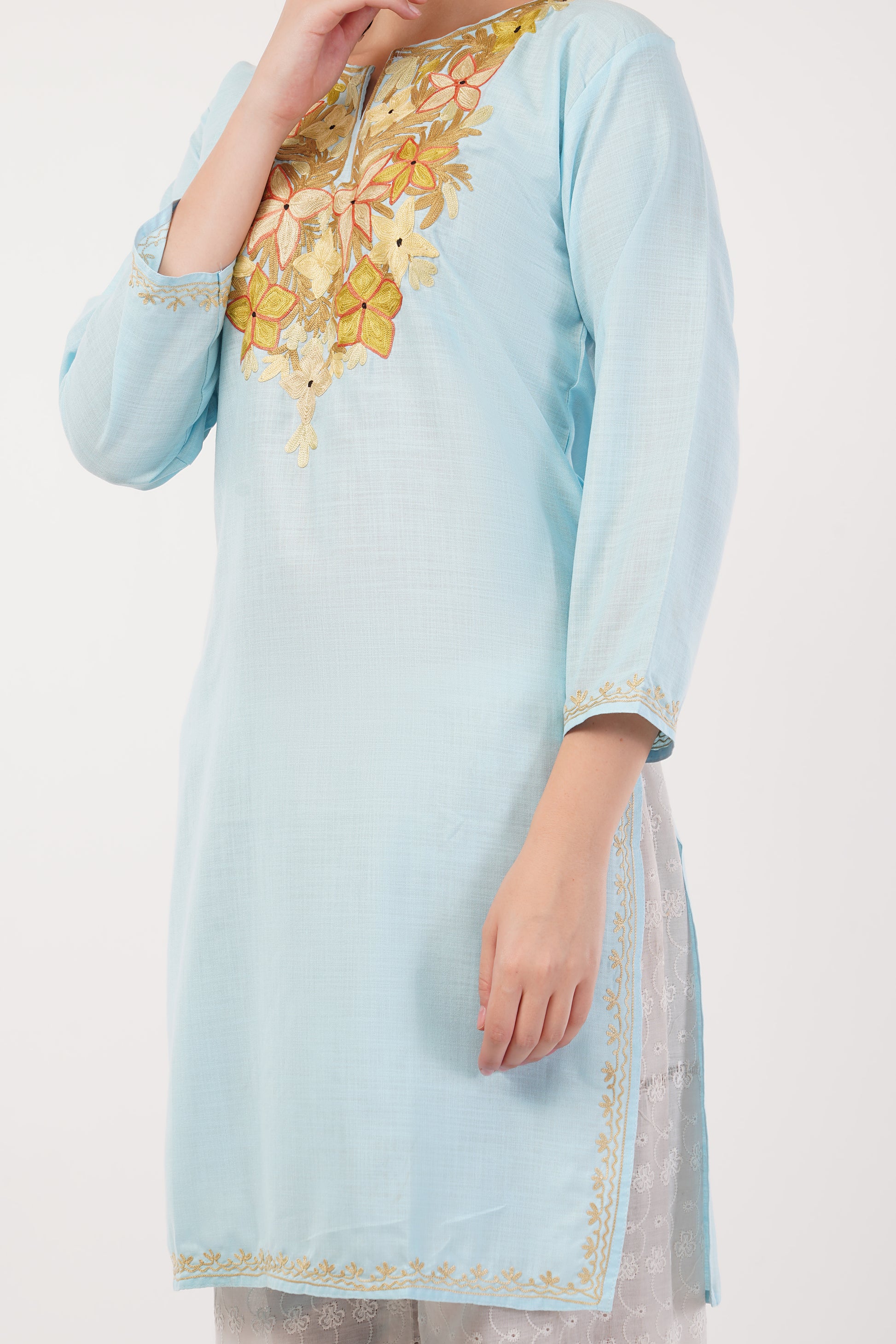 Kashmiri Aari embroidery Cotton Long Kurti Size-42 (Sky Blue)