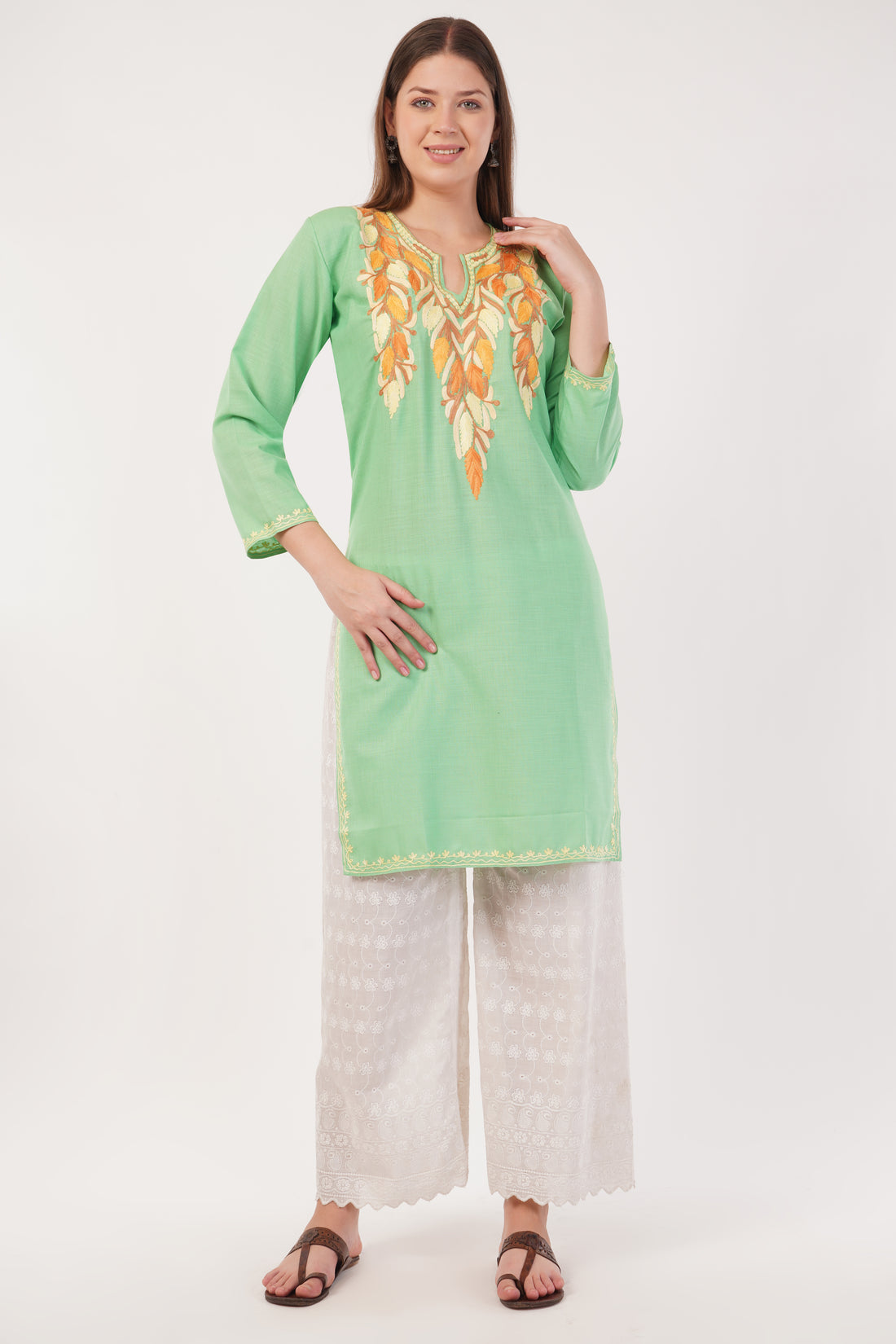 Kashmiri Aari embroidery Cotton Long Kurti Size-40(Green)