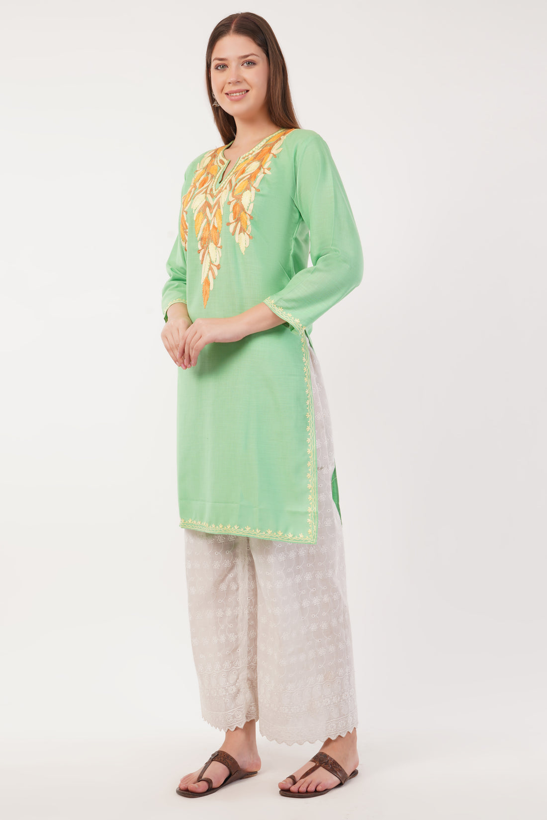 Kashmiri Aari embroidery Cotton Long Kurti Size-40(Green)
