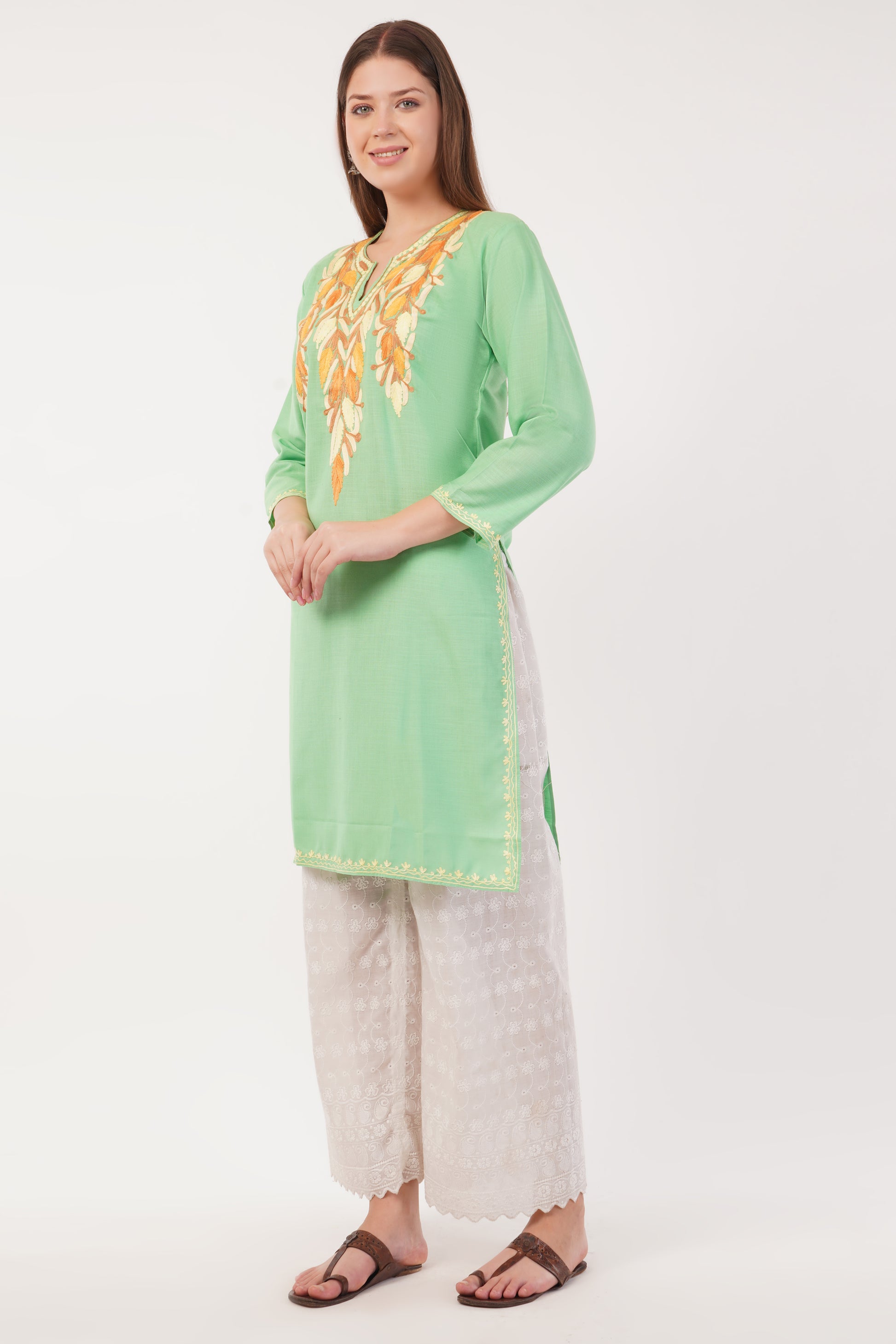 Kashmiri Aari embroidery Cotton Long Kurti Size-40(Green)