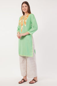 Kashmiri Aari embroidery Cotton Long Kurti Size-40(Green)