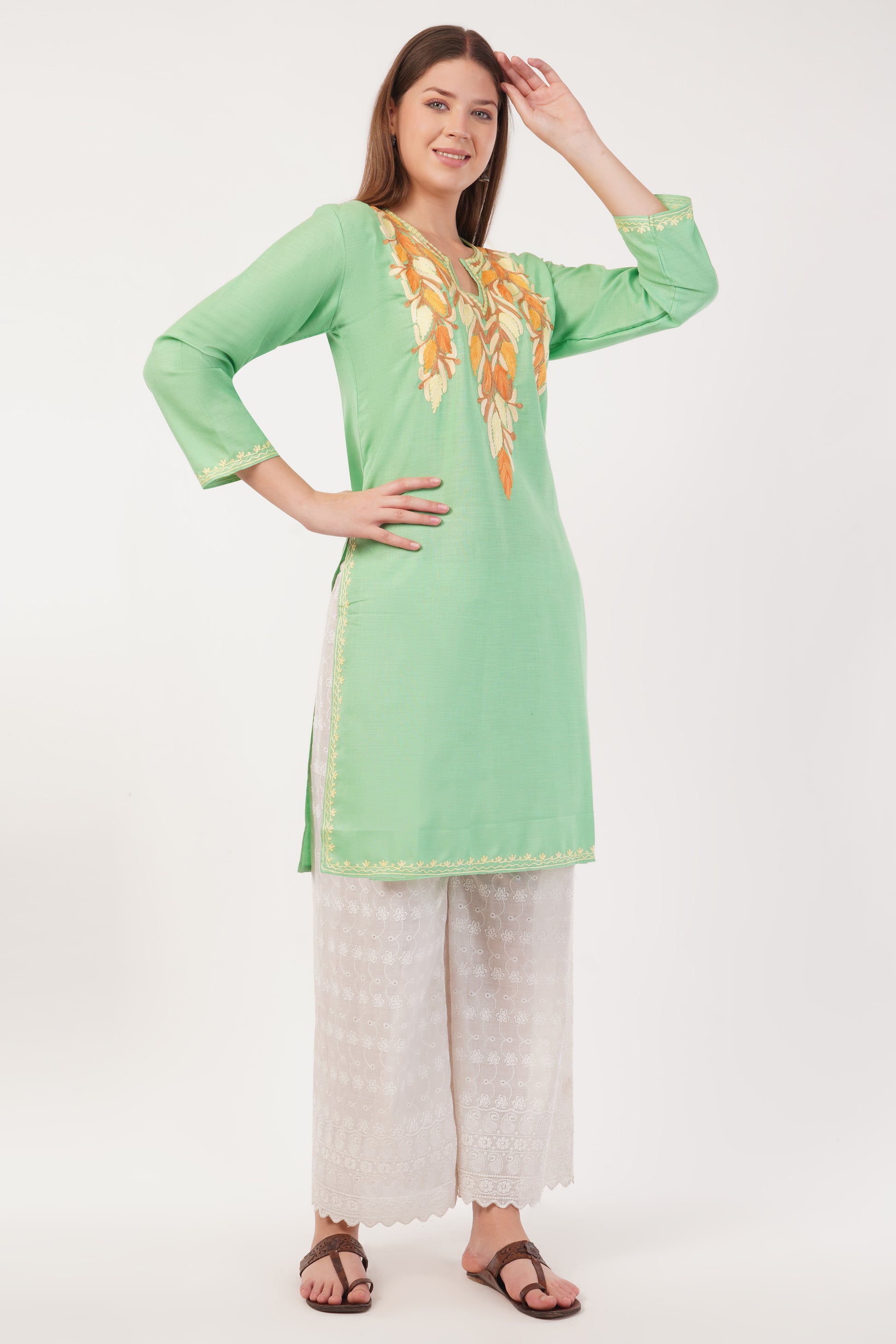 Kashmiri Aari embroidery Cotton Long Kurti Size-40(Green)