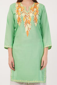 Kashmiri Aari embroidery Cotton Long Kurti Size-40(Green)