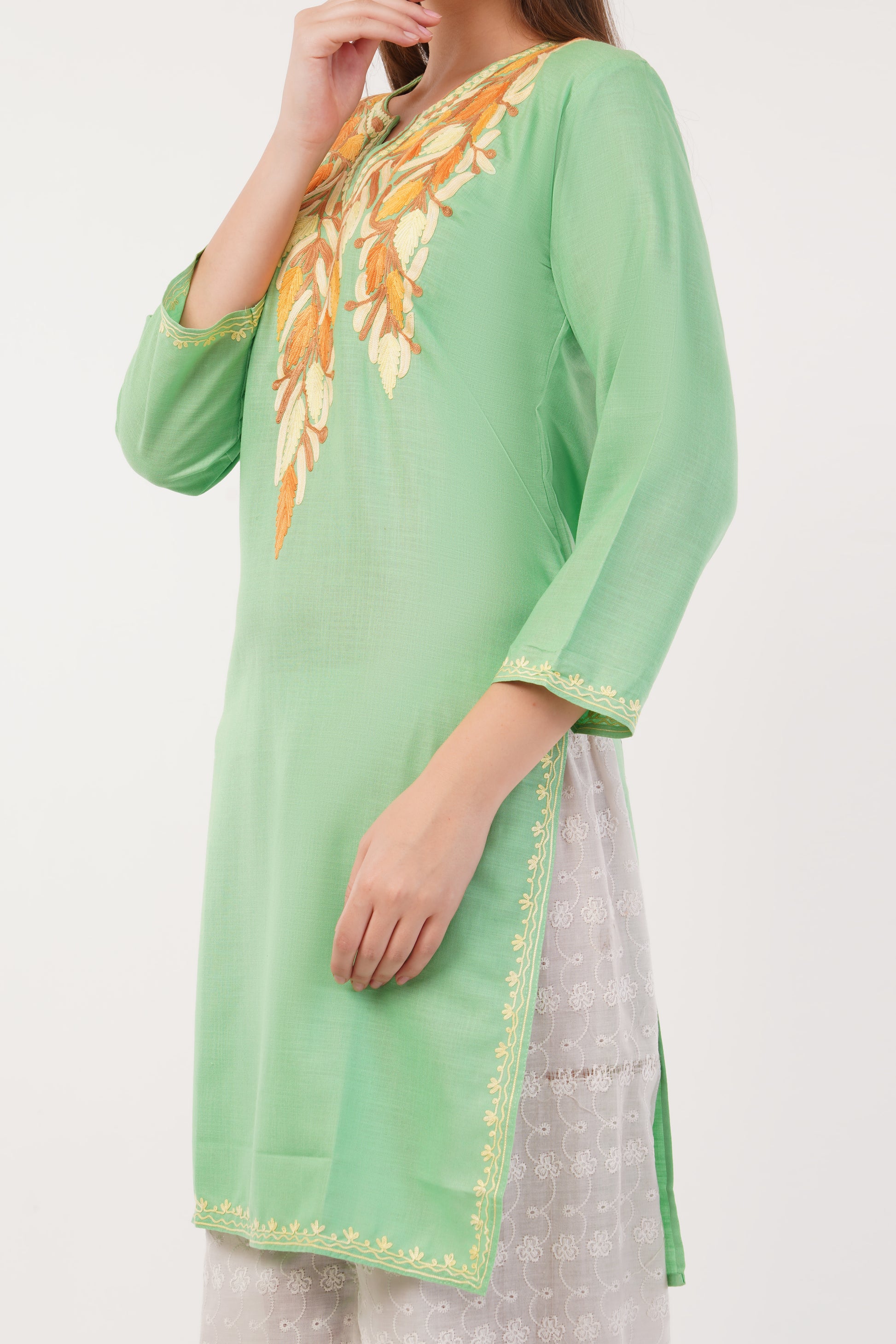 Kashmiri Aari embroidery Cotton Long Kurti Size-40(Green)