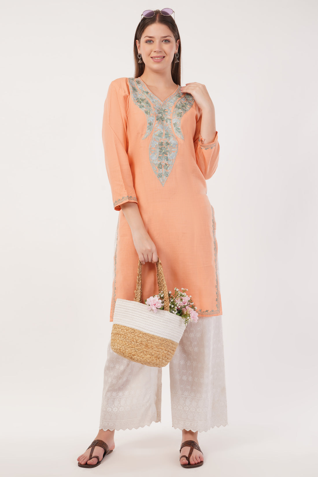 Kashmiri Aari embroidery Cotton Long Kurti Size-40(Peach)